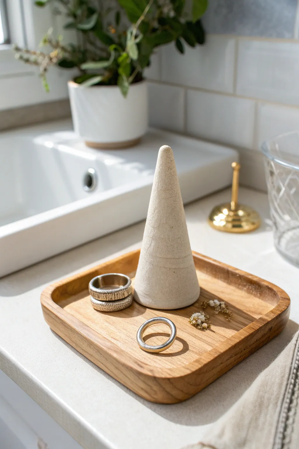 Minimal air dry clay ring cone stacker, a chic vanity essential with soft texture and contrast