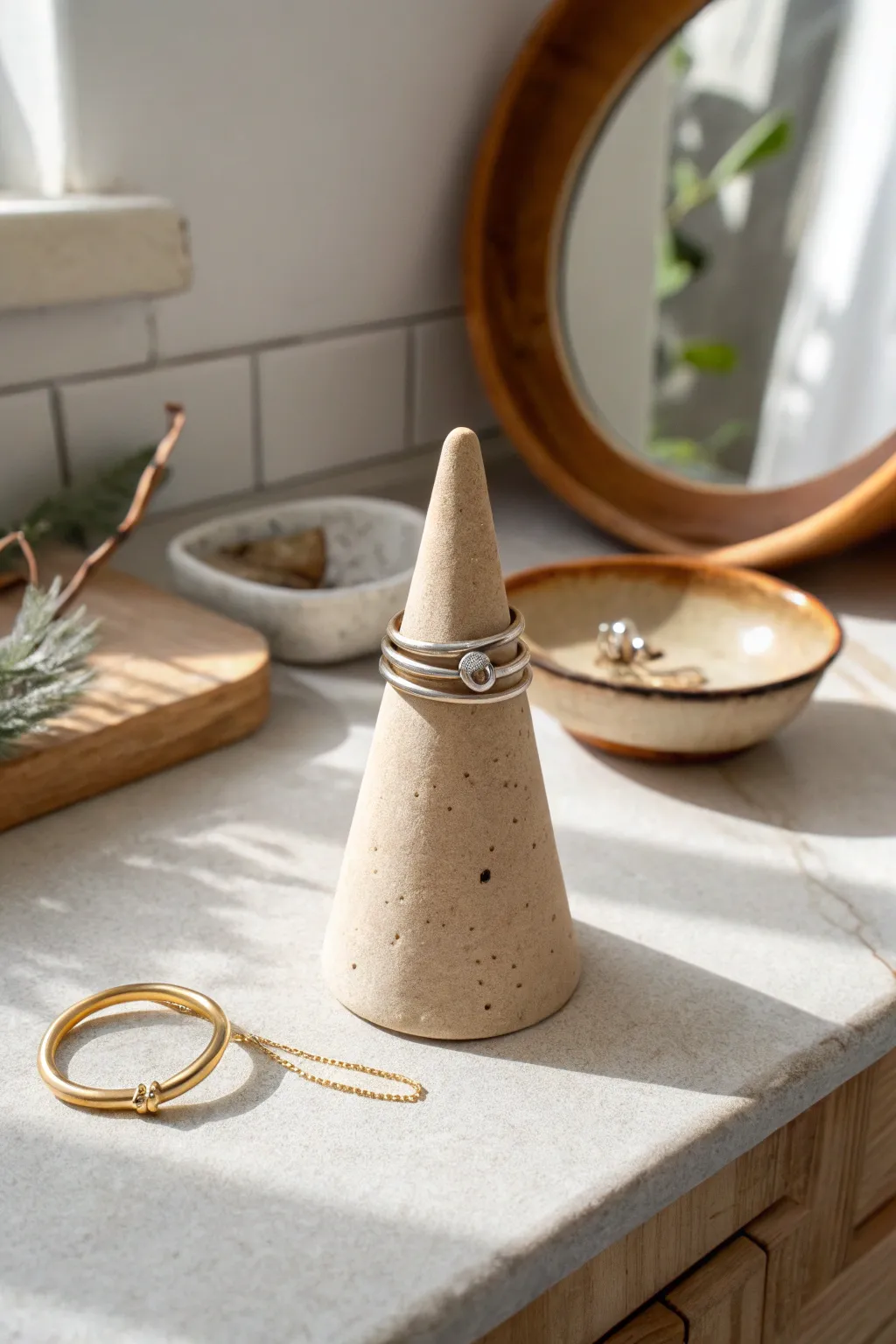 Minimal clay ring cone with stacked rings, soft morning light, calm Scandinavian bathroom styling.