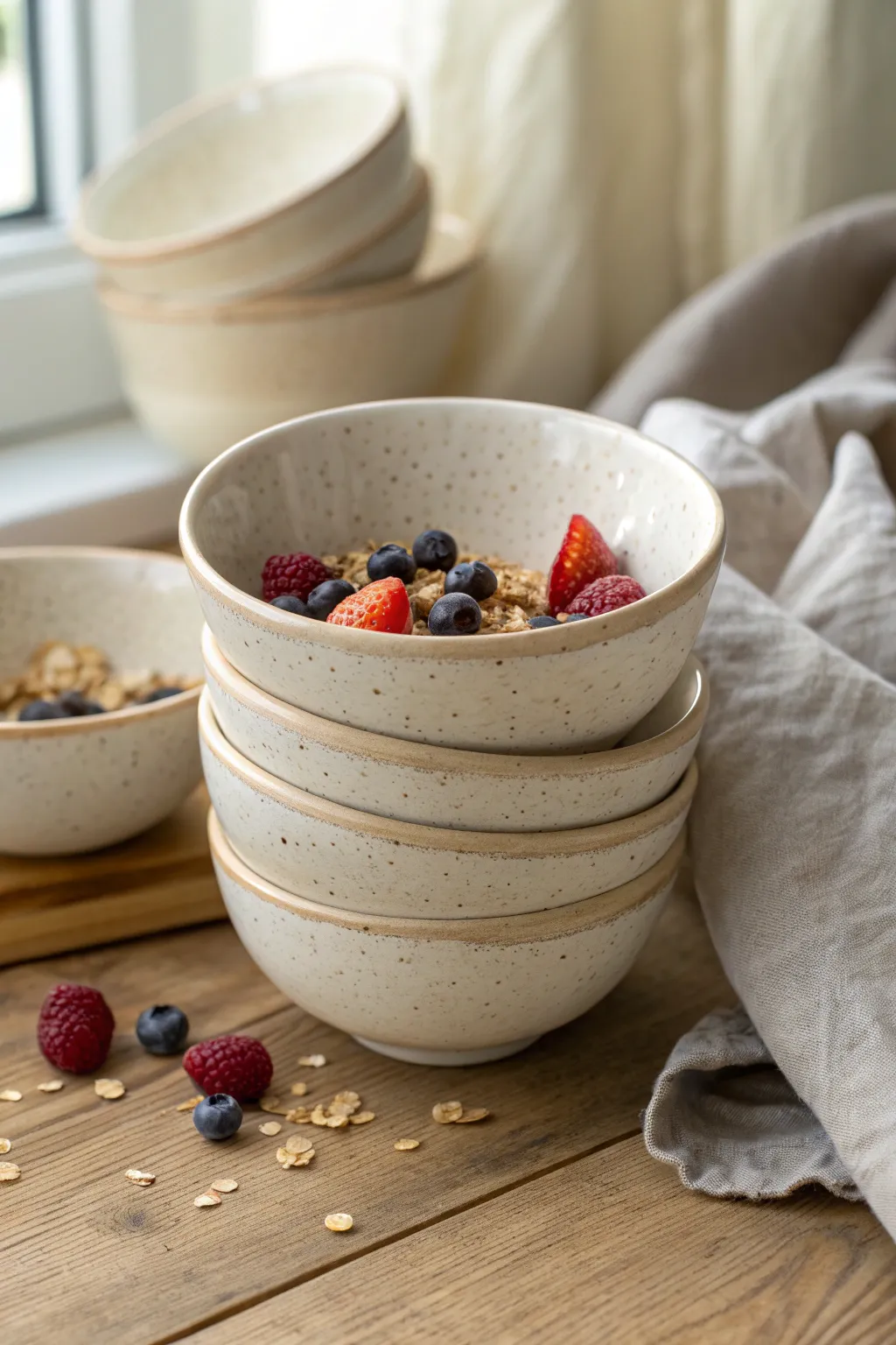 Space-saving stackable bowls with a soft speckled glaze, perfect for everyday cereal or soup.