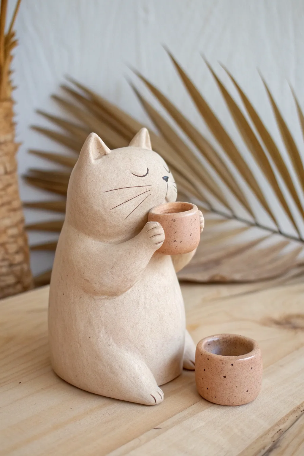 Funny air-dry clay cat sipping a tiny mug, minimalist and cozy with clean contrast