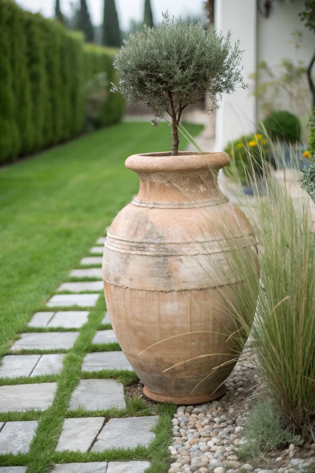 Oversized clay urn centerpiece with tall greenery and soft spillers for a serene garden statement