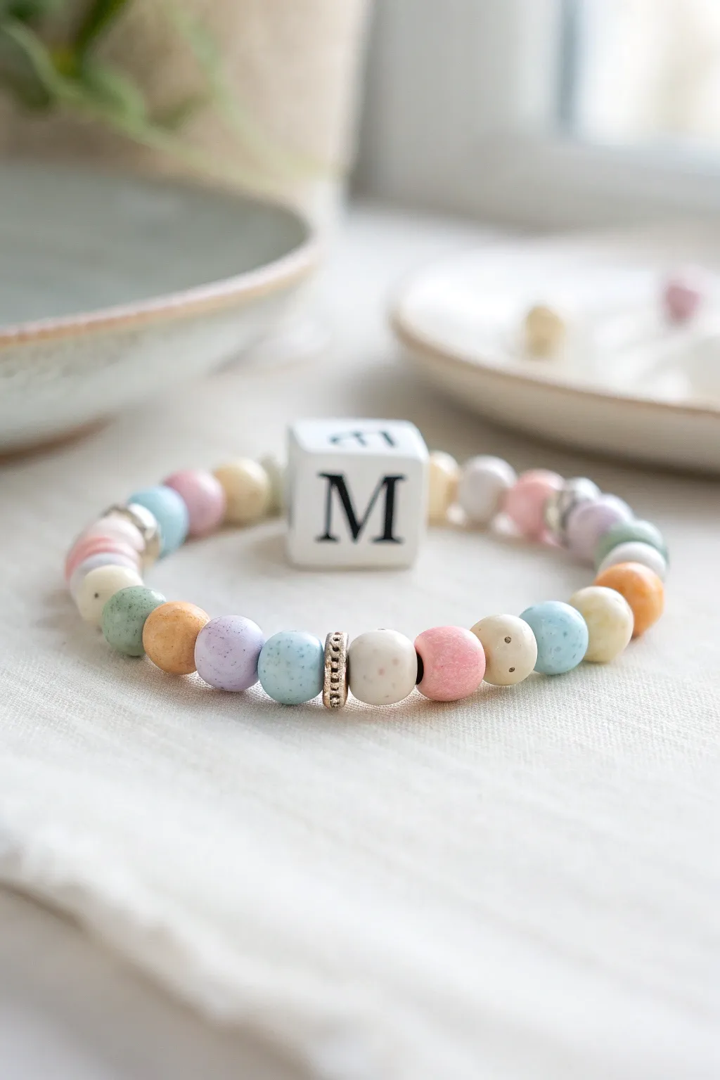 Colorful clay disc bracelet with a chic letter-bead center and tiny spacers for polish