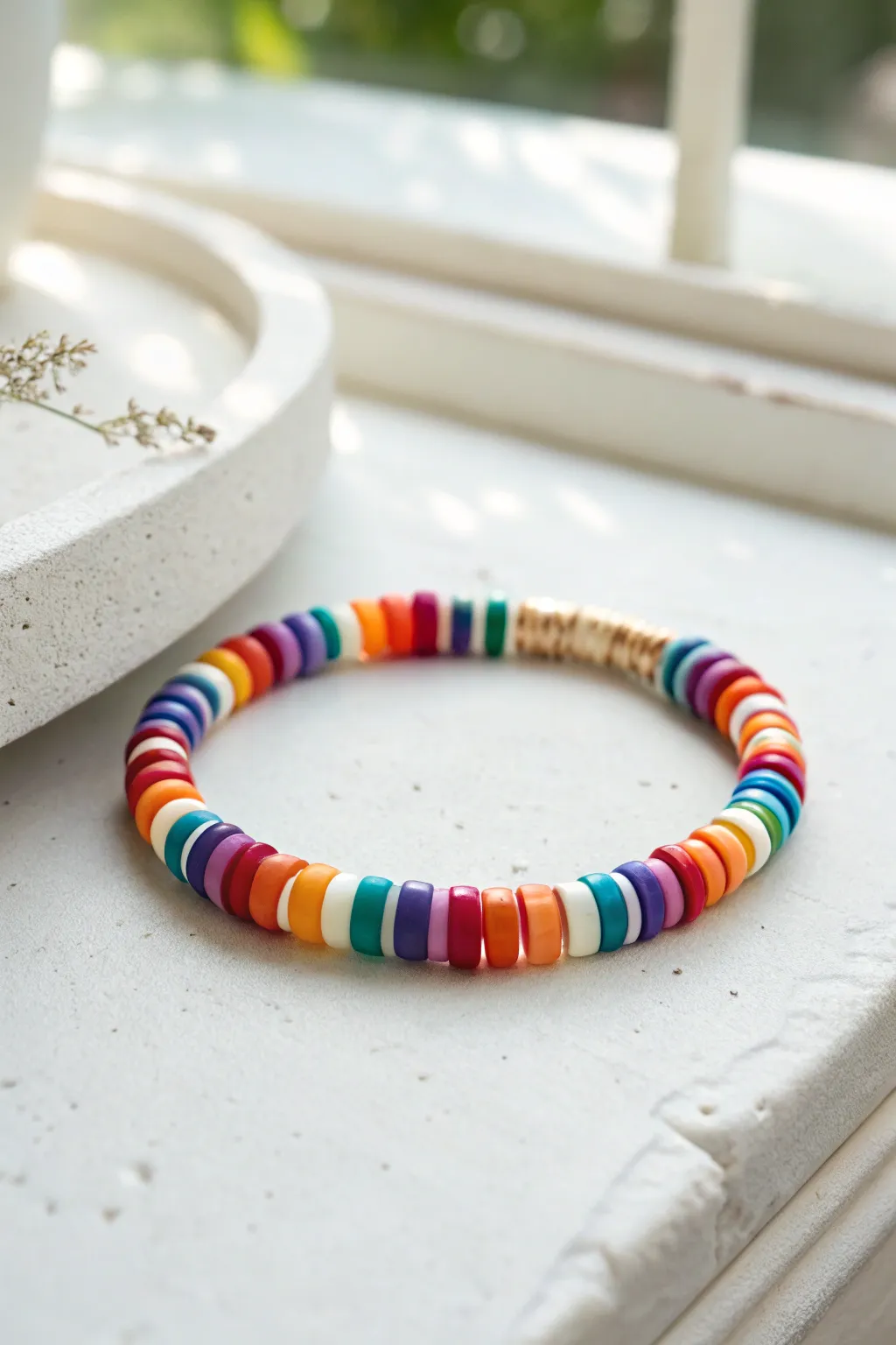 Rainbow stripe heishi bracelet idea: crisp polymer clay beads in a sweet, minimalist curve.
