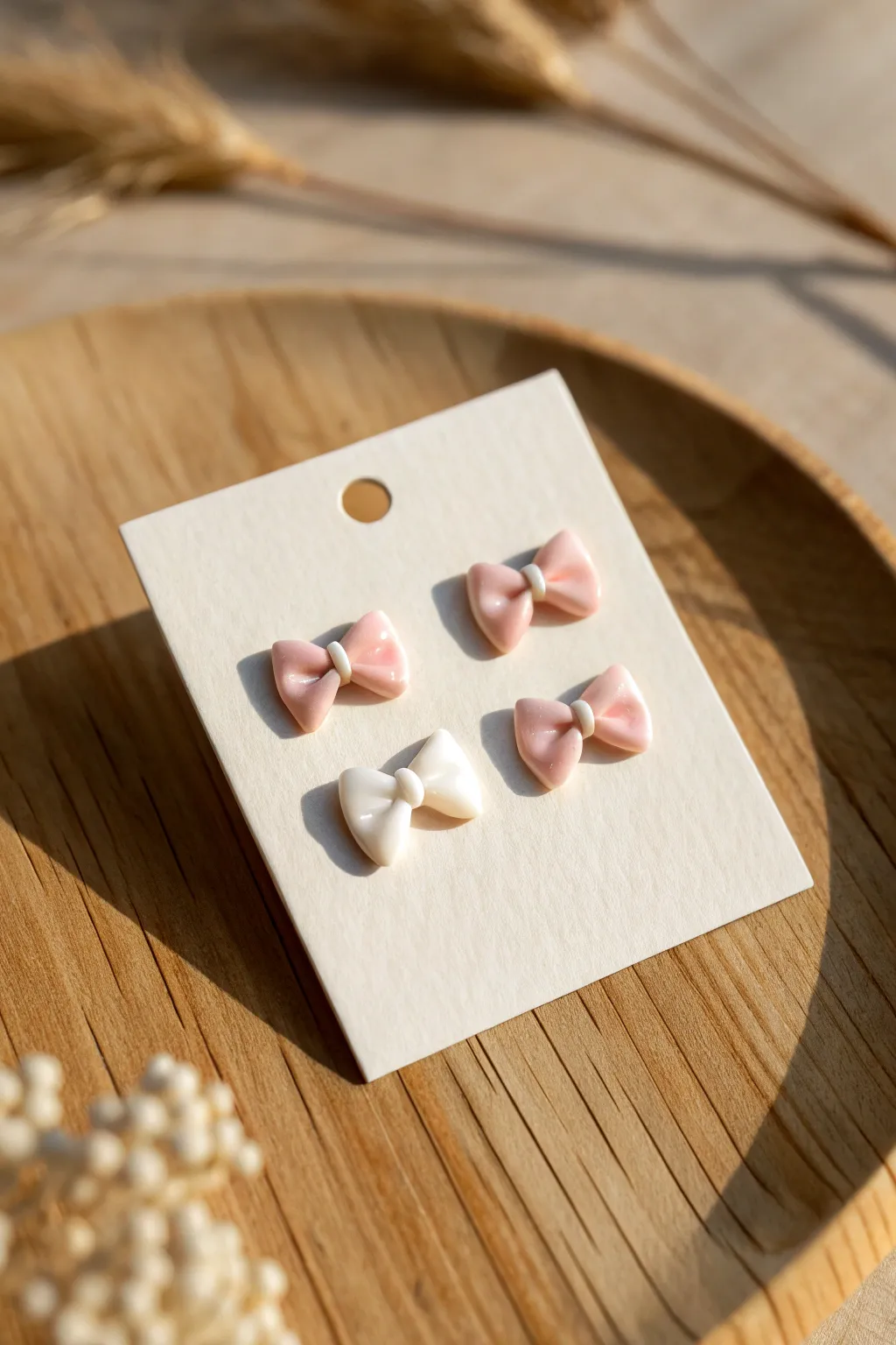 Tiny baby pink clay bow studs on a blank card, minimal Scandinavian styling with a boho touch.