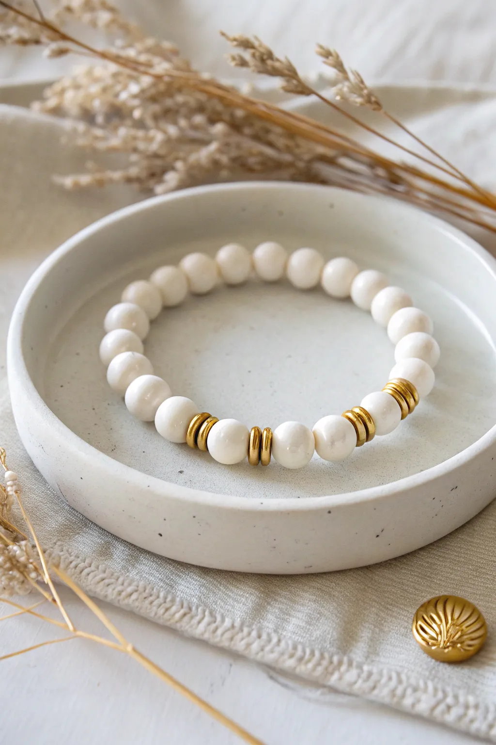 Crisp all-white clay bead bracelet with gold disc stripes, styled on a white ceramic dish.