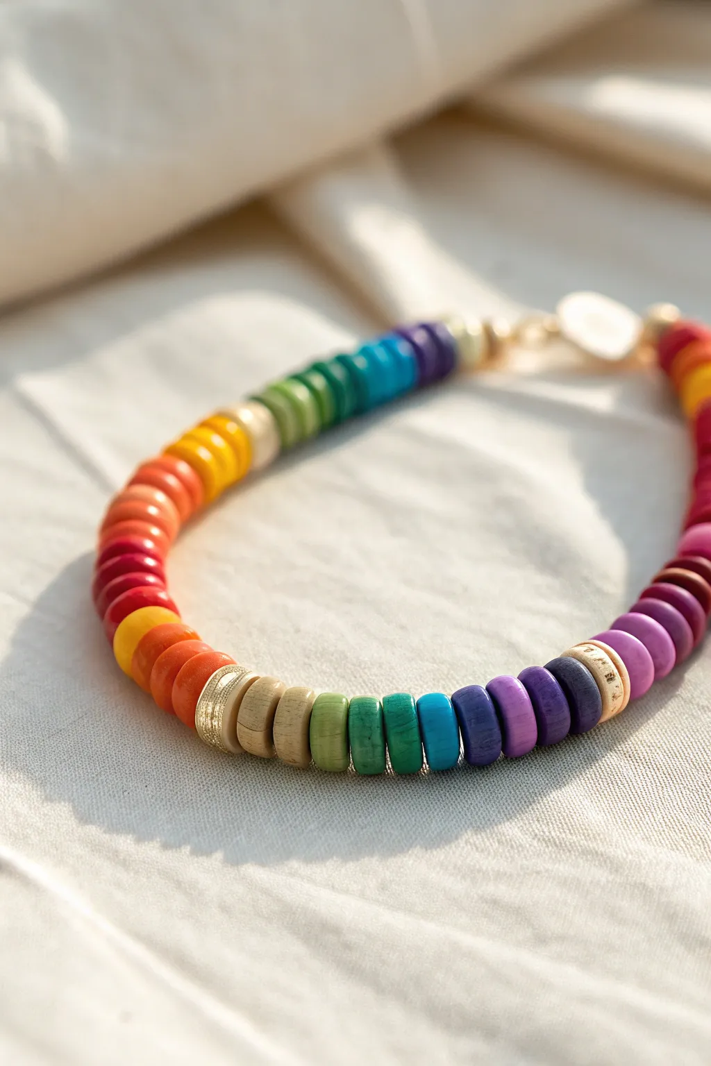 Clean rainbow-order clay heishi bracelet with calm neutral spacers and minimalist styling