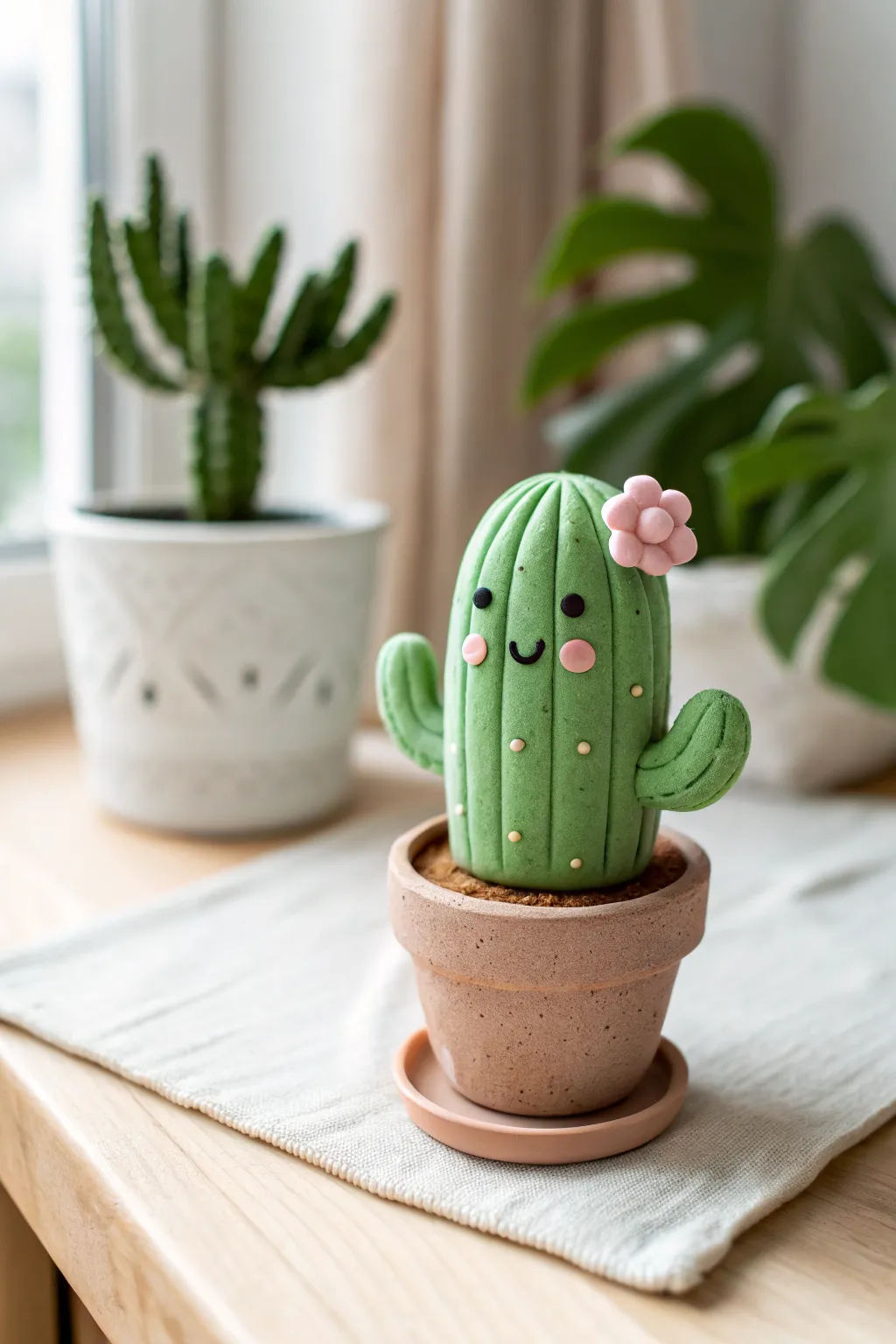 Cute green air dry clay cactus in a mini pot with tiny flower, cozy Scandinavian boho vibes.
