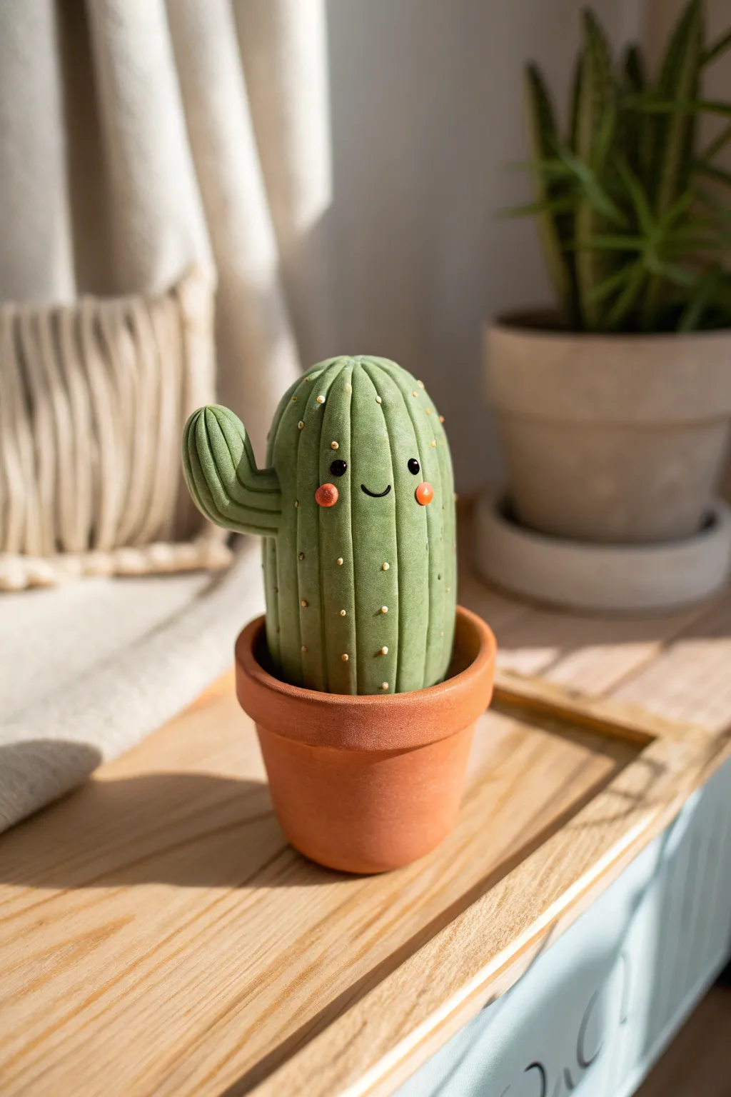 Stubby green clay cactus with a sweet face in a tiny pot, softly lit in warm minimalist style.