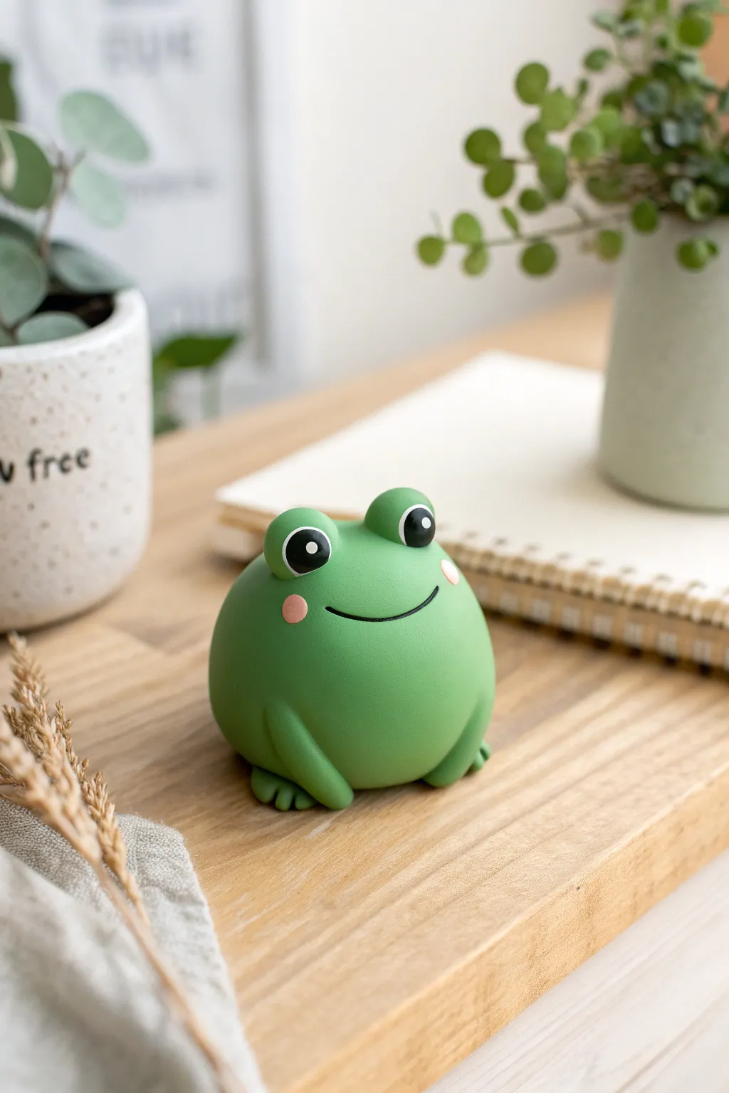 Chubby green polymer clay frog pocket buddy with dot eyes and a tiny smile, simple and sweet.