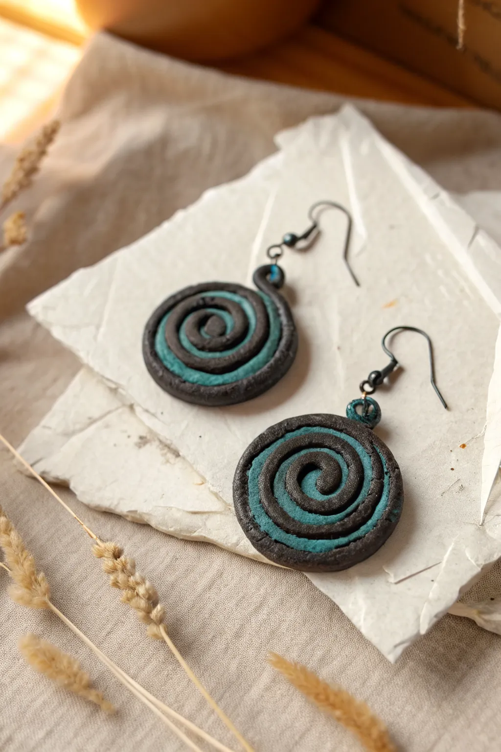 Chunky spiral clay earrings with gritty grunge texture in smoky black and murky teal tones.