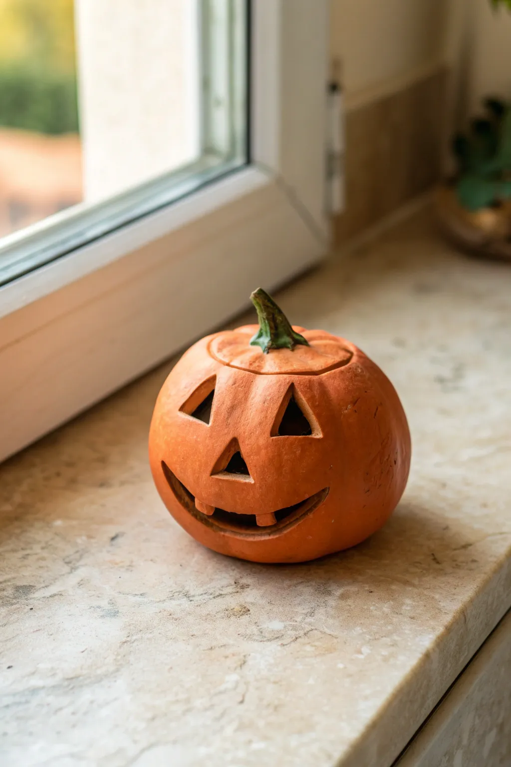 Sweet pinch pot jack-o-lantern in matte orange, a simple kid-friendly Halloween clay idea.