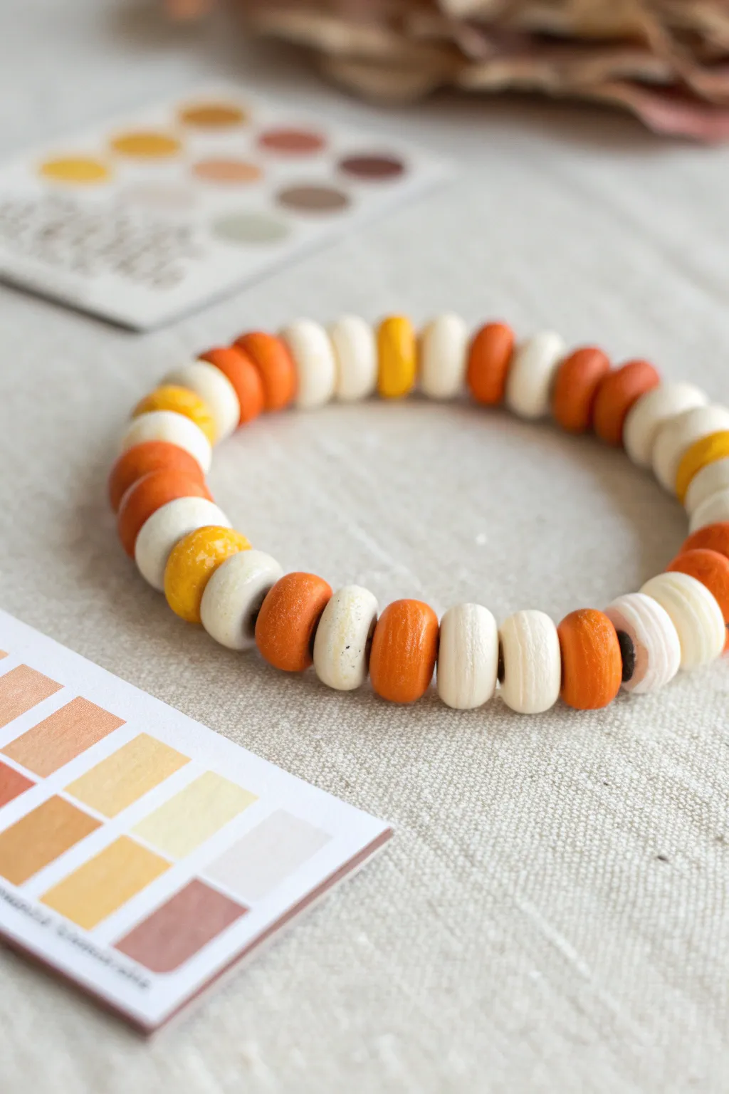 Candy corn stripe clay bead bracelet in minimalist fall tones, simple, sweet, and handmade