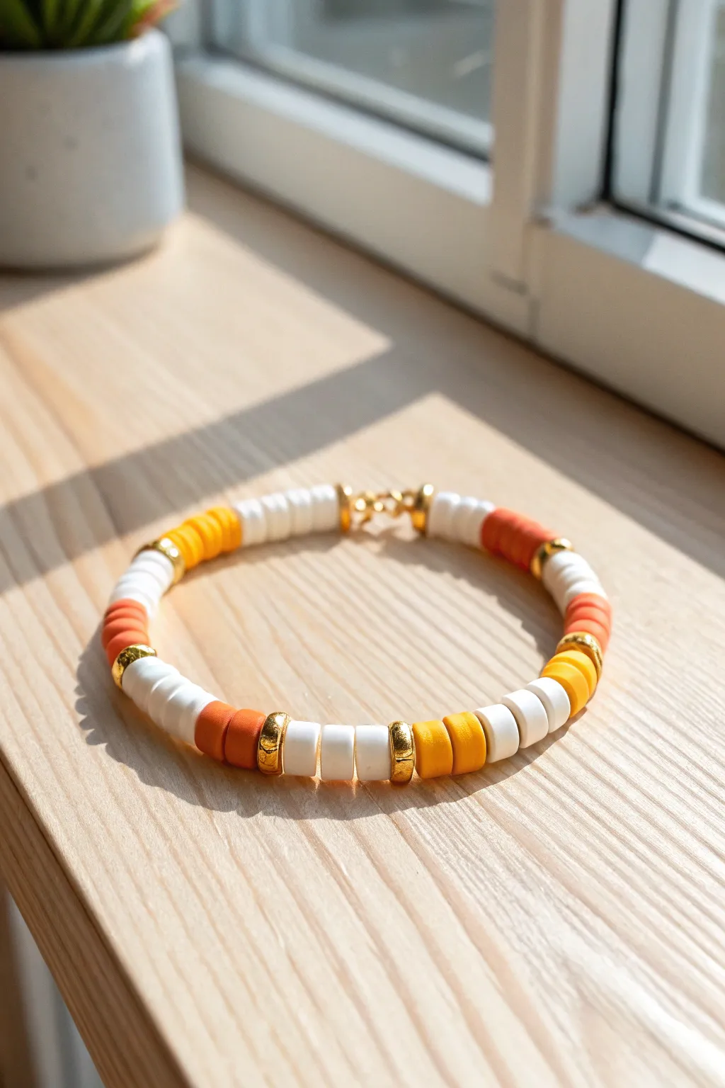 Candy corn heishi bracelet in white, orange, and yellow on pale wood for minimal Halloween charm.