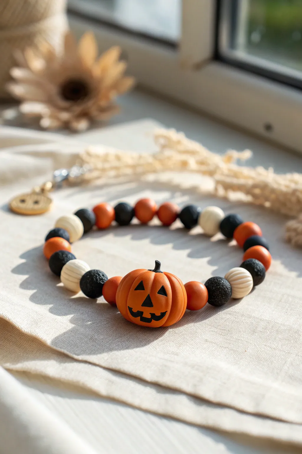 Minimalist Halloween bracelet with pumpkin charm, orange and black beads, clean boho style.