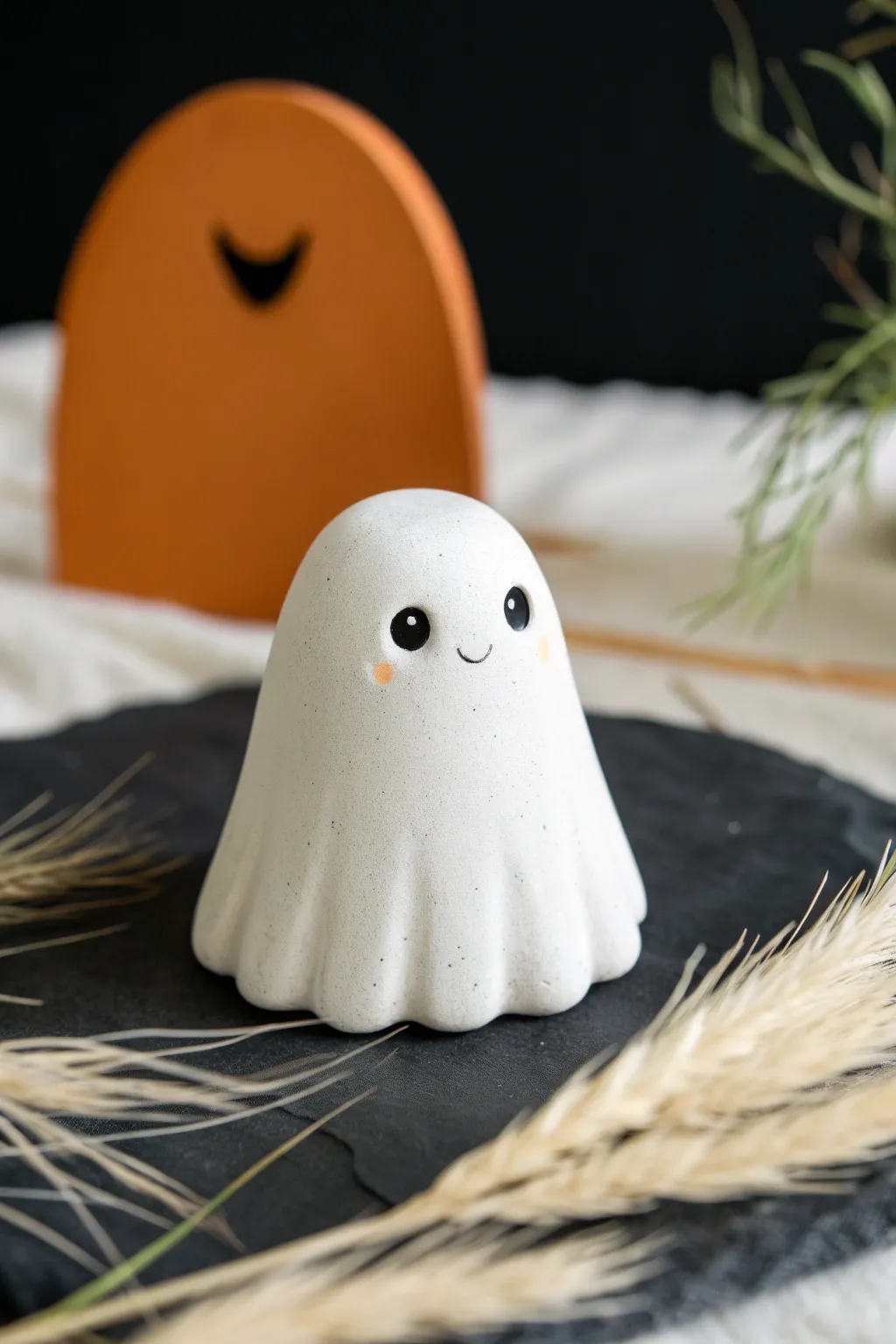 Sweet little clay ghost for kids Halloween crafts, simple, minimal, and adorable on a bold backdrop.