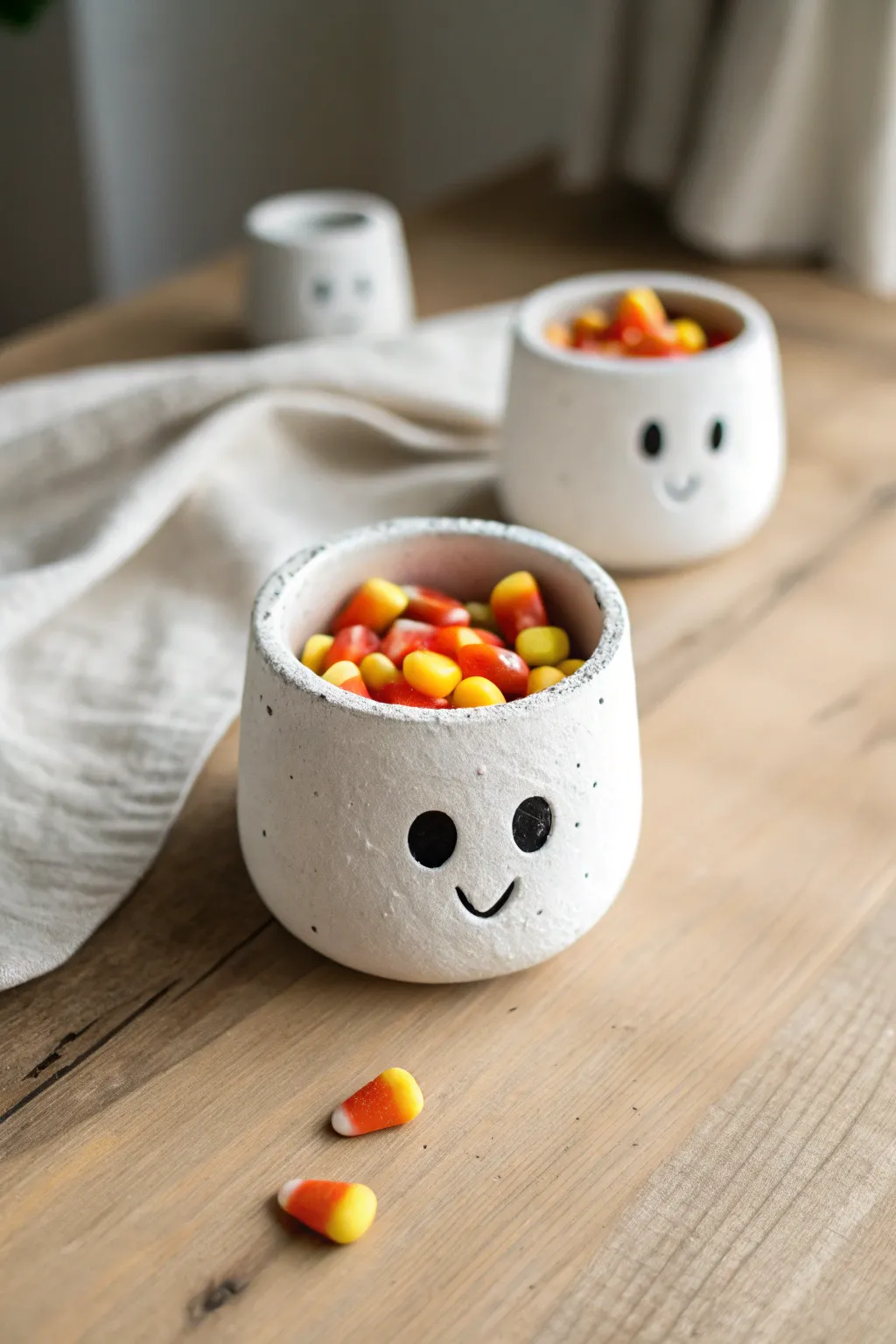 Friendly ghost mini pot treat holder with candy corn, minimalist Halloween decor in soft neutrals.