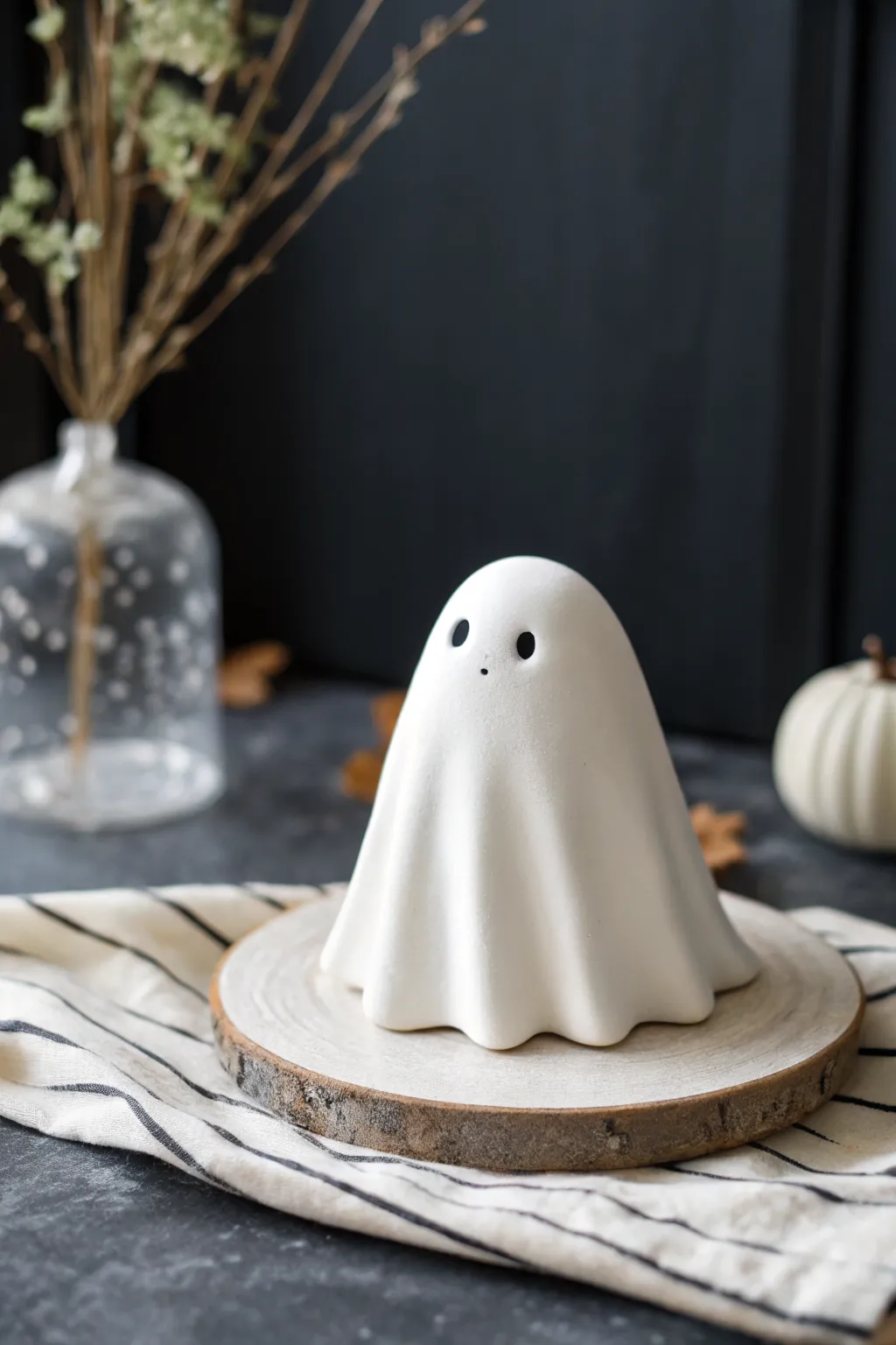 Chubby clay sheet ghost with tiny eyes on a dark backdrop, minimalist and sweet Halloween decor