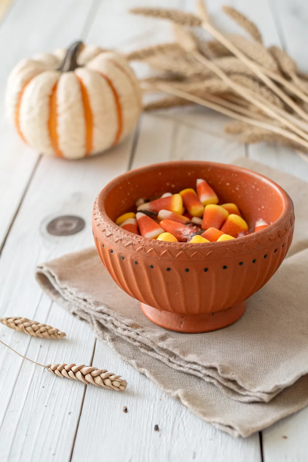 Pumpkin pinch pot candy bowl: a cozy minimalist Halloween centerpiece in warm handmade clay.