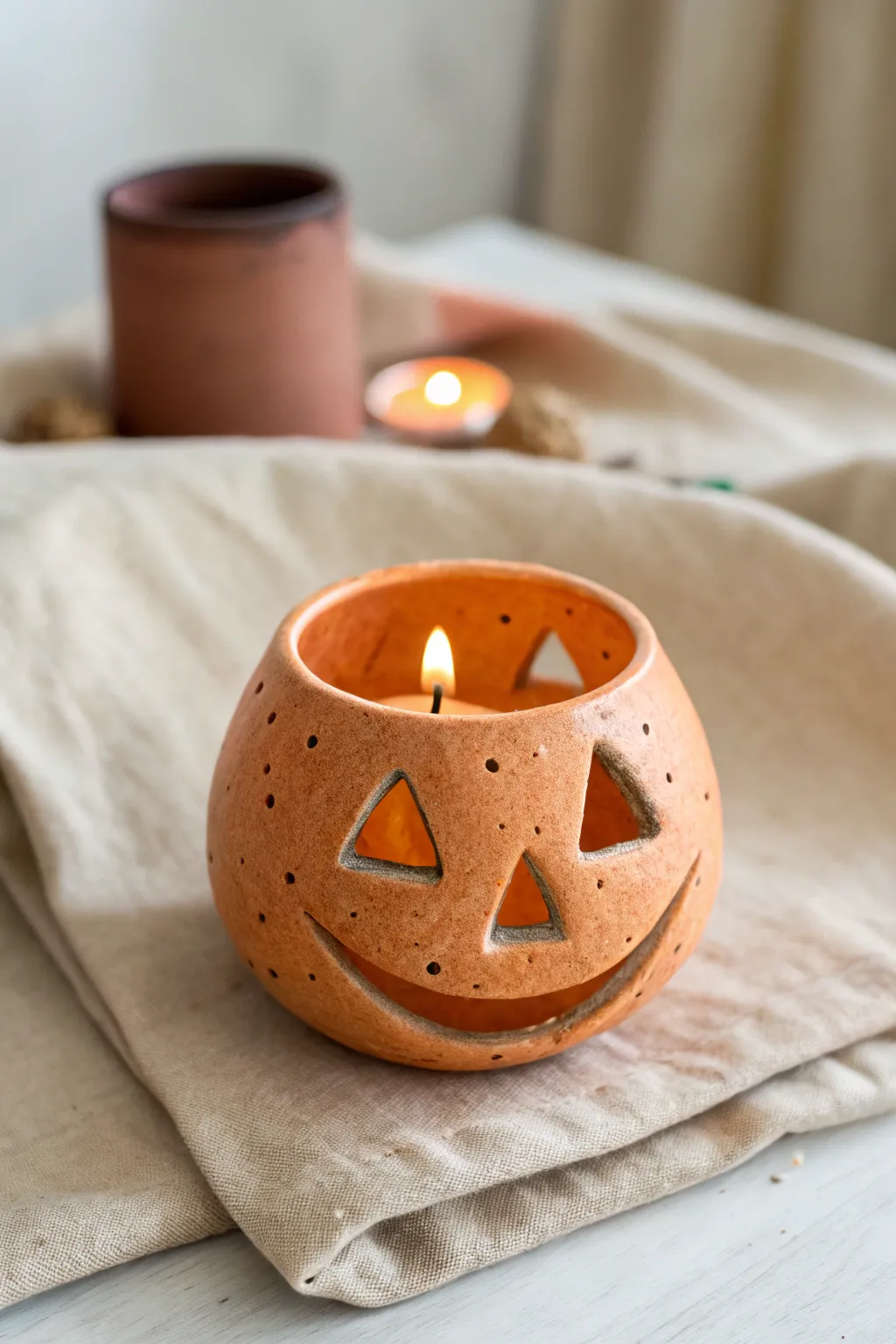Cozy jack-o-lantern votive cup in warm orange clay, glowing softly for minimalist Halloween charm.