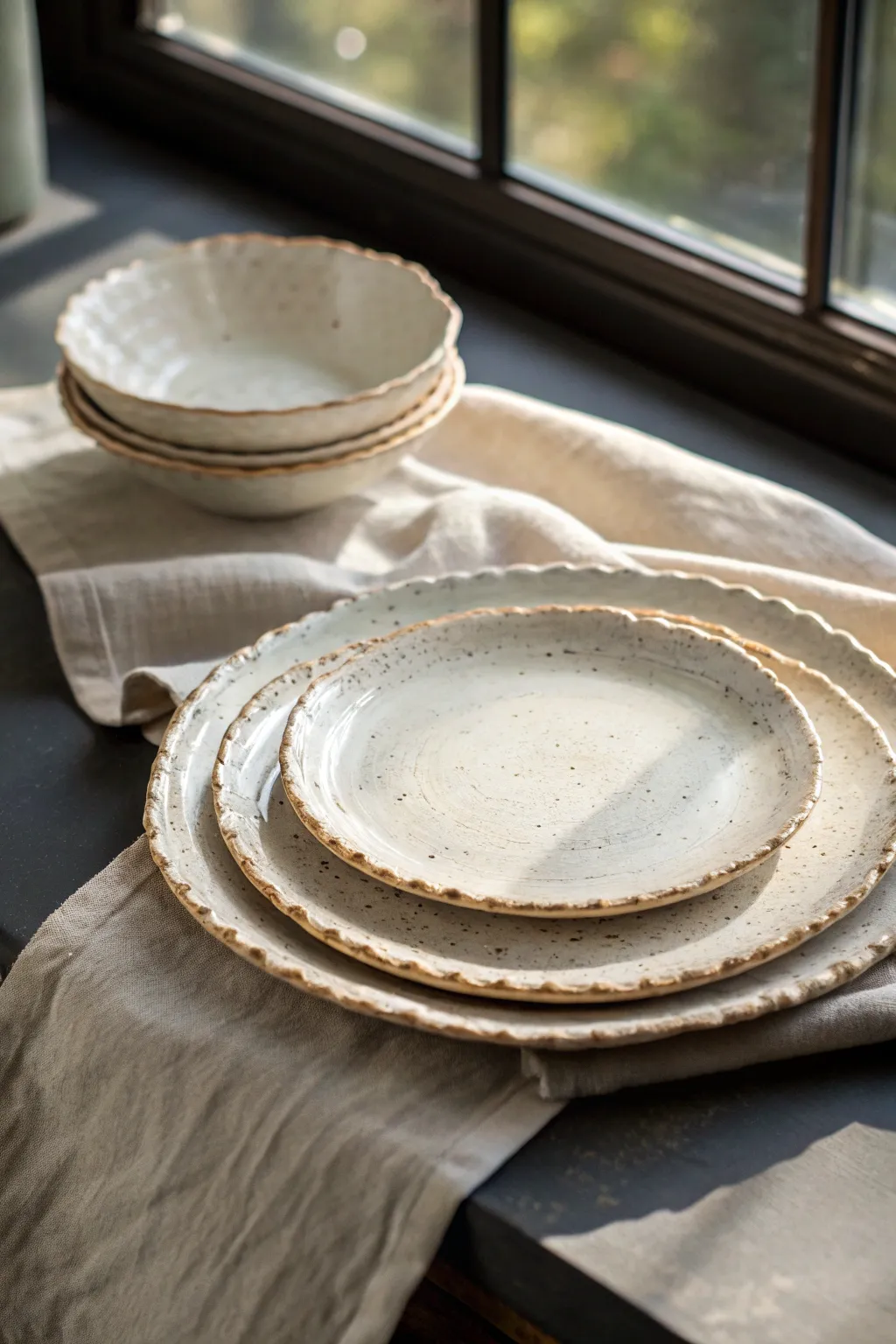 Softly ruffled wavy-rim plates in satin glaze, stacked for a cozy handmade table moment