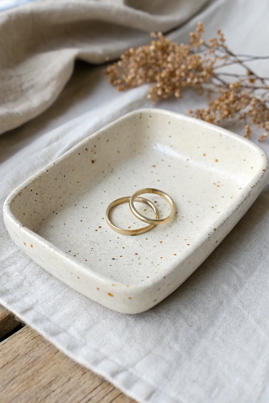 Beginner-friendly slab trinket dish with soft corners, speckled glaze, simple and chic.