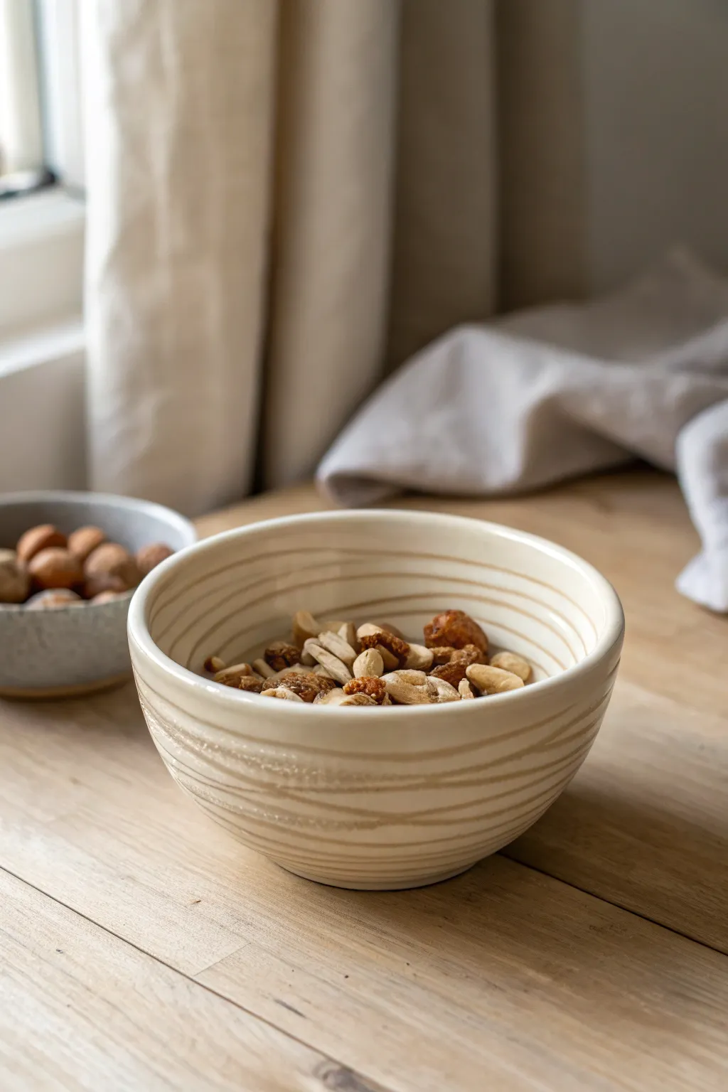 A simple coil-built snack bowl with soft spiral texture, styled with nuts for everyday use.