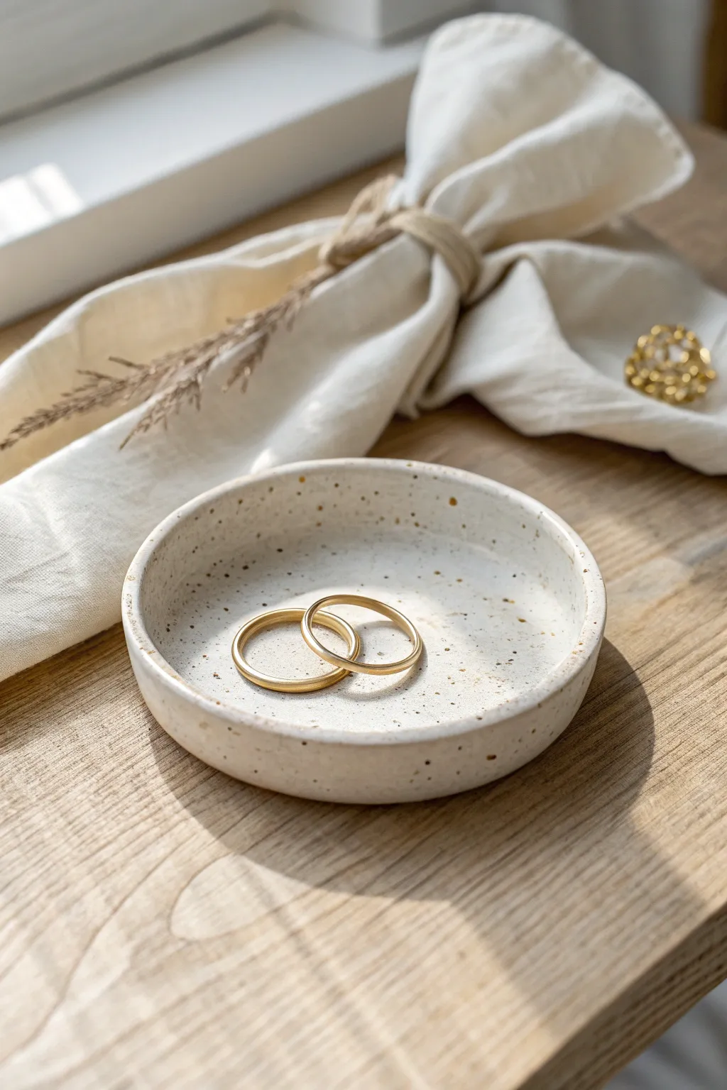Simple speckled clay trinket dish for rings and a hair tie, styled in calm Nordic tones.
