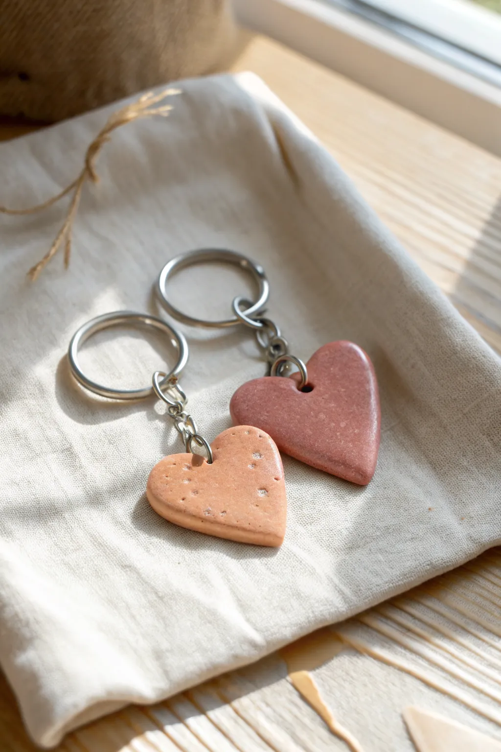 Simple puffy heart clay keychain in blush and terracotta, glossy and gift-ready.