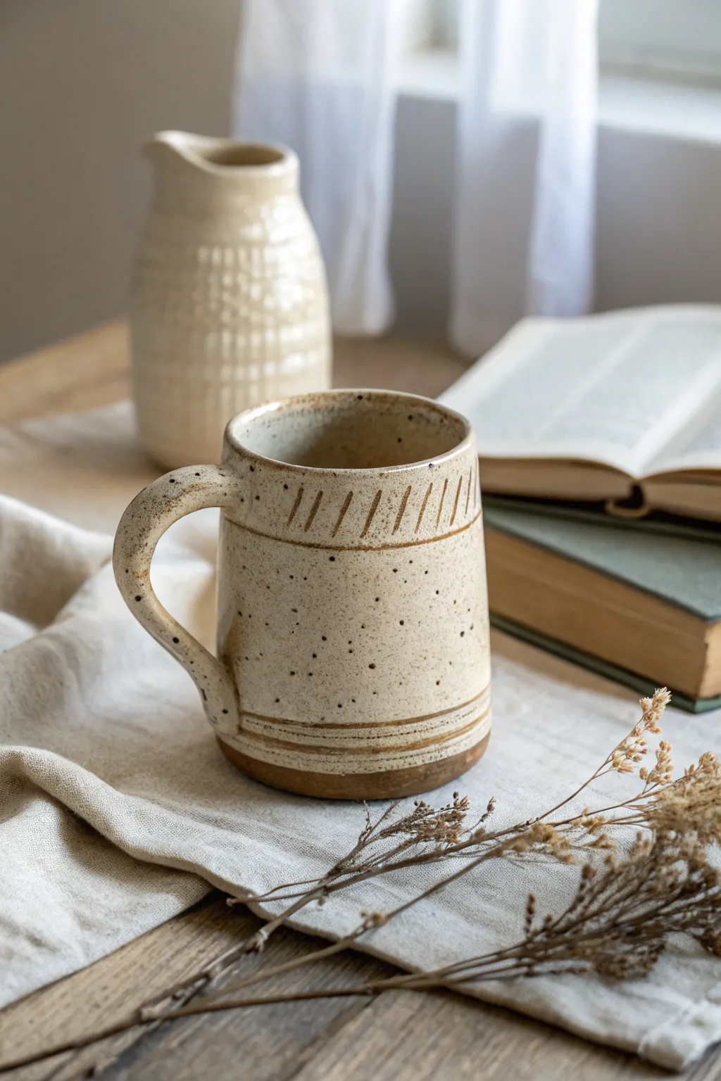 Chunky-handled handmade mug, softly wonky and carved, styled with a book and dried stems.