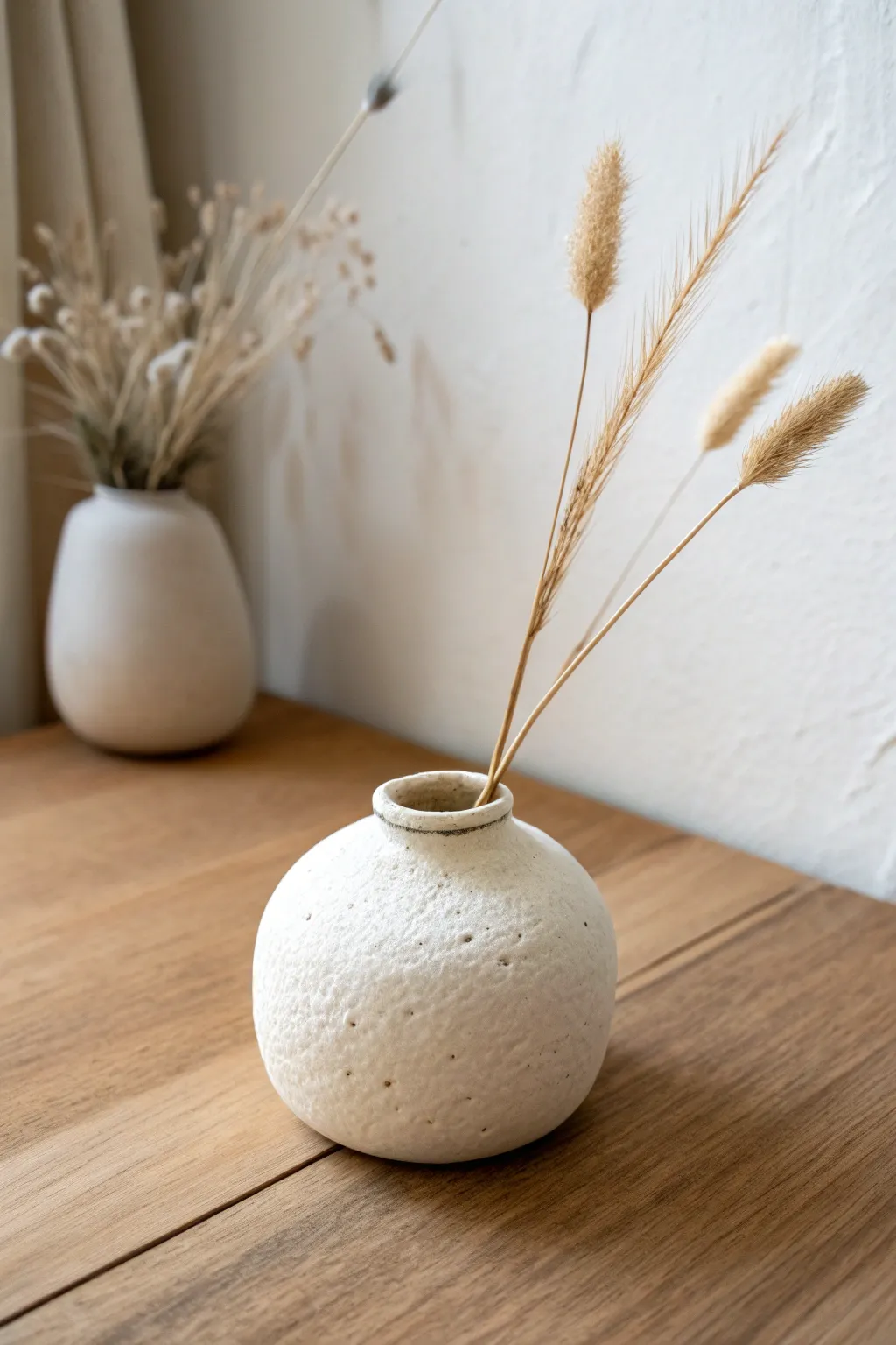 Pinch-pot bud vase with soft dimples and dried stems, minimalist Nordic calm with boho warmth