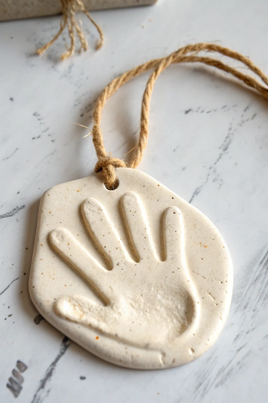 Minimal handprint clay ornament in soft neutrals, a simple keepsake to hang year after year.