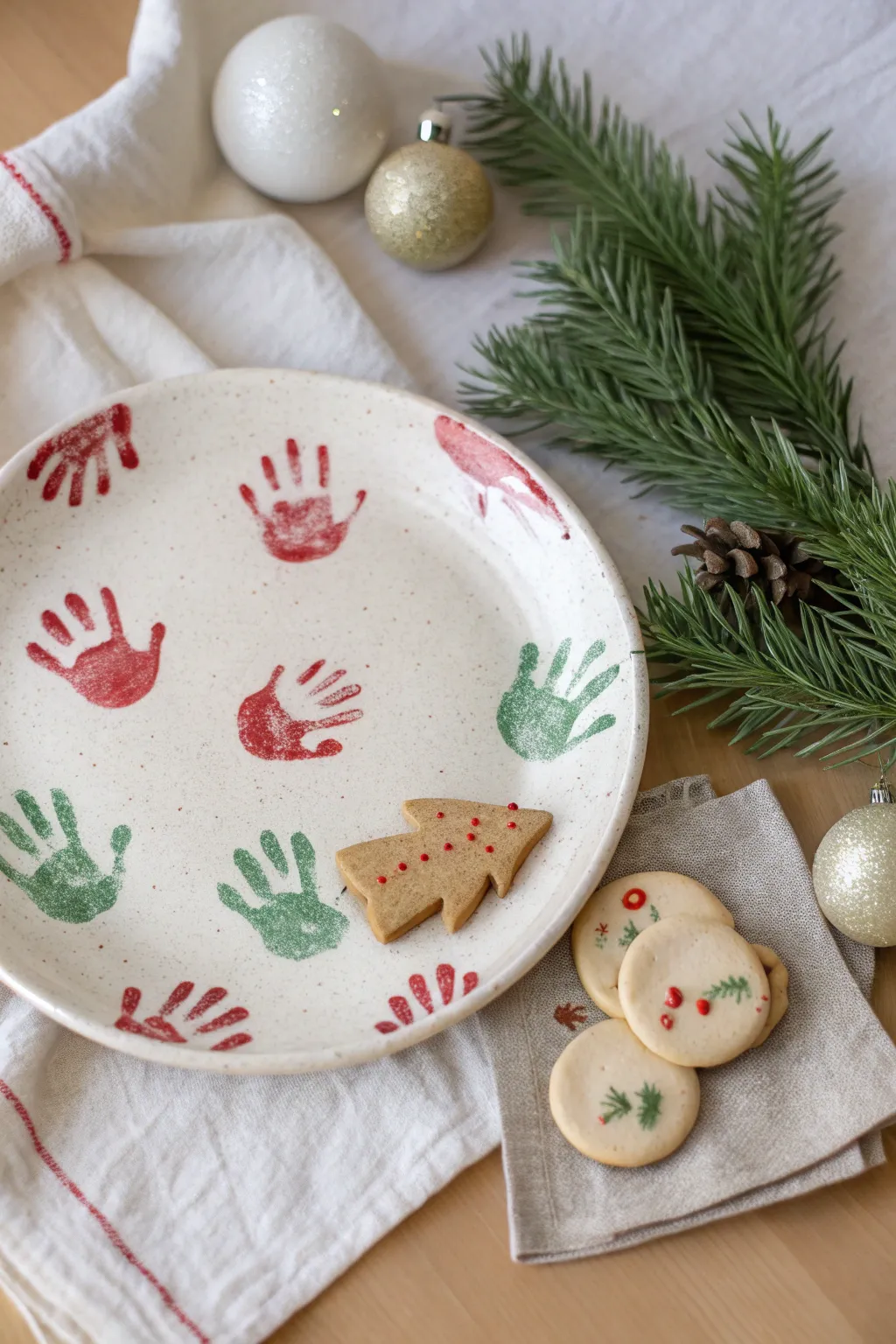 Red and green handprint plate, a minimalist holiday keepsake perfect for cozy cookie season.