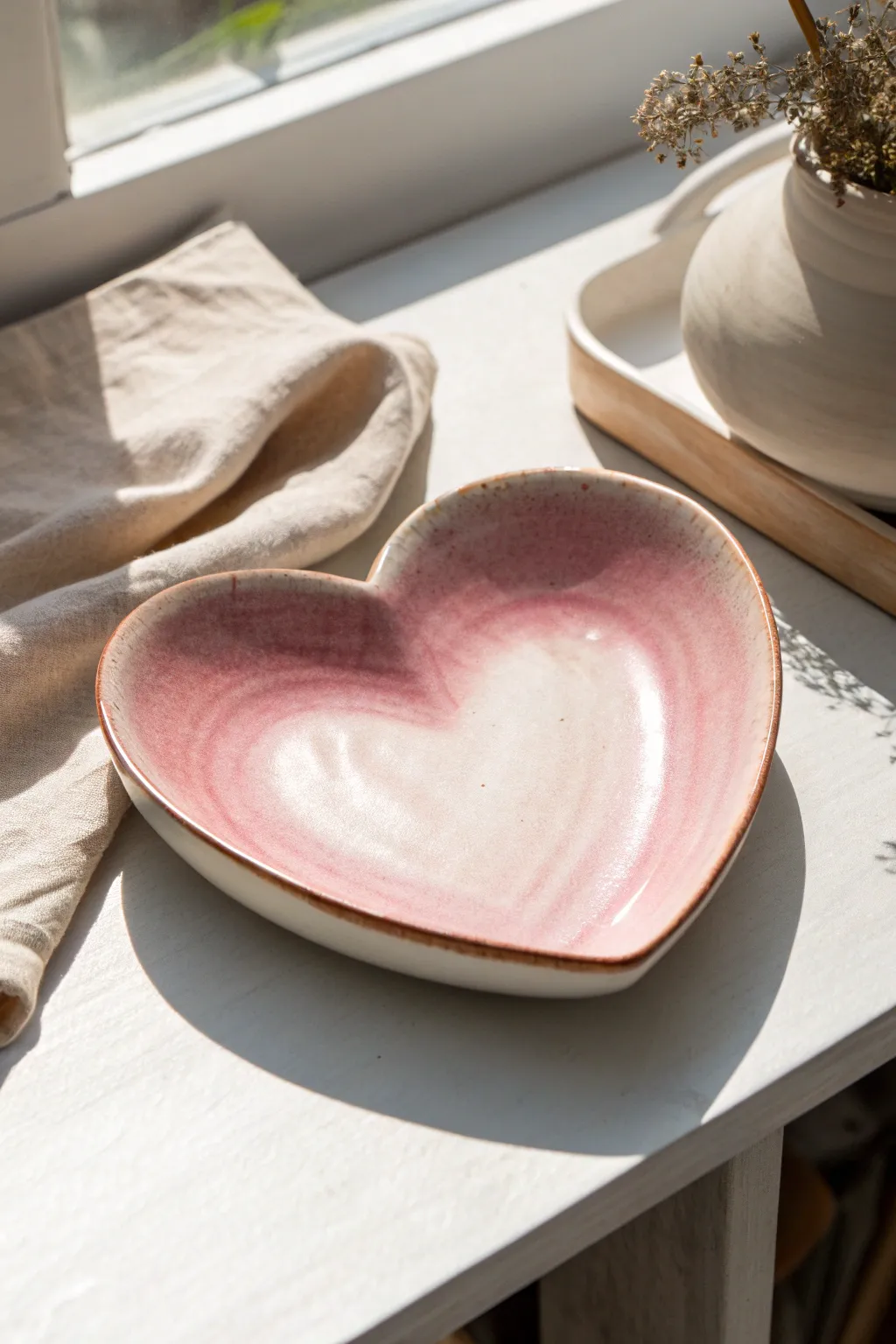 Soft pink ombre heart plate, deep rose rim fading to blush center for sweet minimal decor
