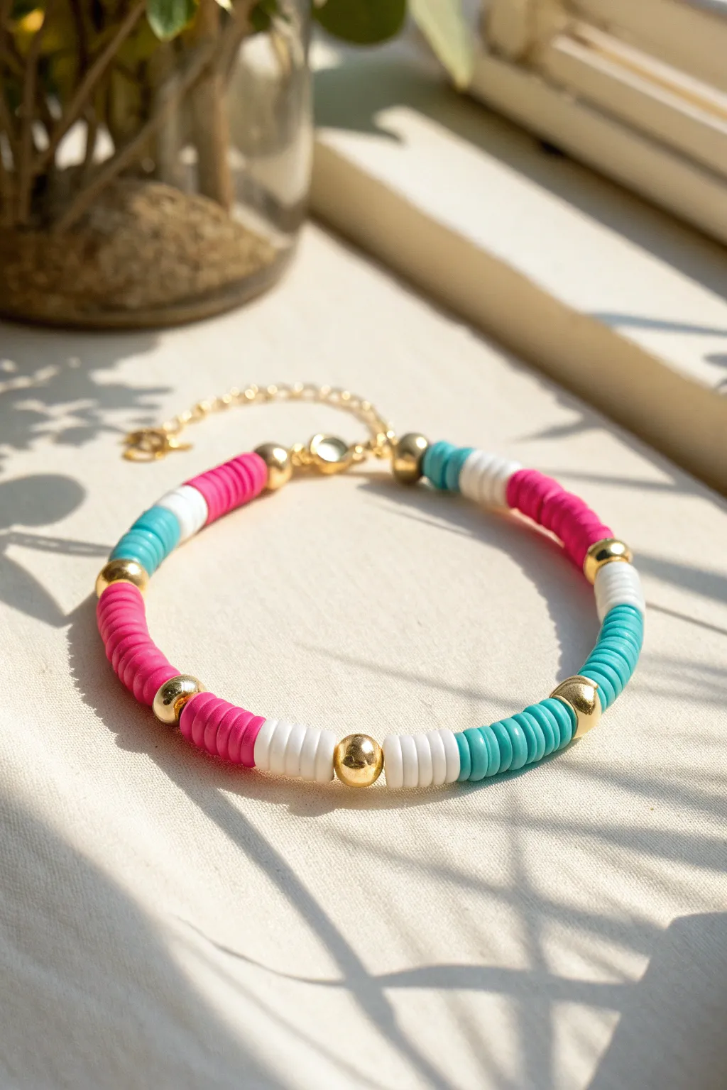 Bold hot pink, turquoise, and white heishi bracelet with tiny gold spacers for sunny preppy vibes.