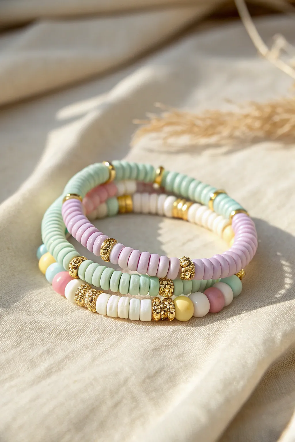 Soft pastel heishi clay bead bracelet stack in blush, mint, lavender, and butter yellow