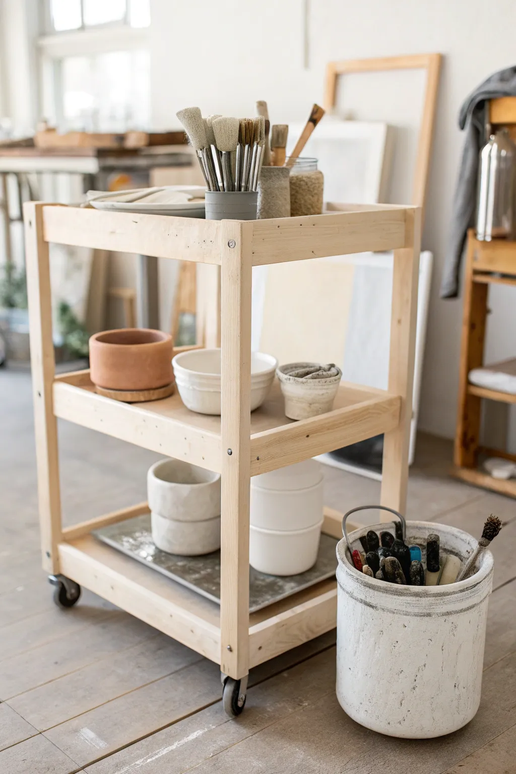 One rolling cart neatly divides dirty wheel work from a clean glazing and packing zone.