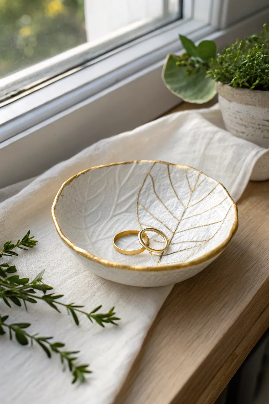 Matte white leaf ring bowl with golden rim, a simple DIY clay keepsake for your jewelry.