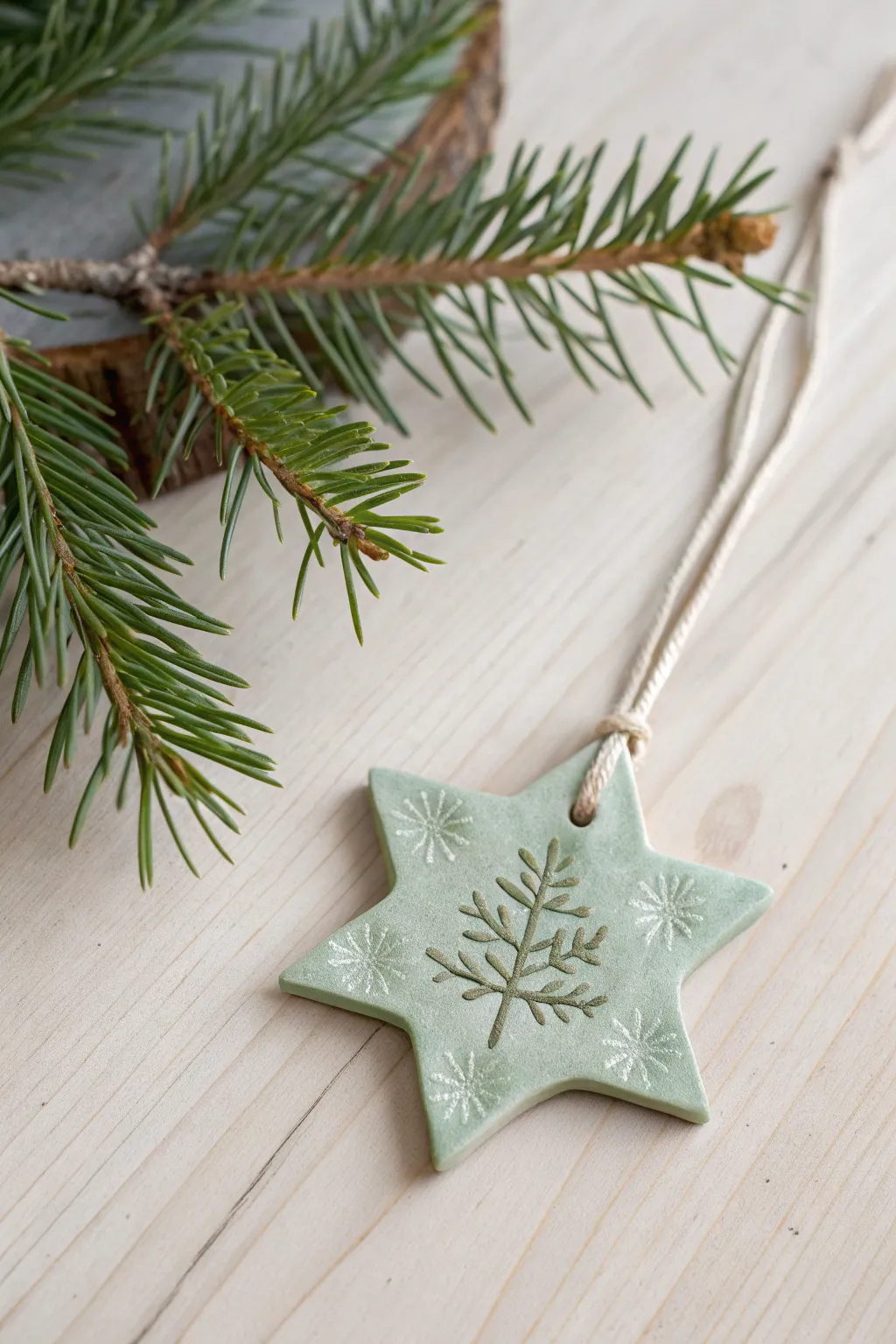 Minimal clay star ornament with a subtle tree motif, hung on evergreen with a linen ribbon.