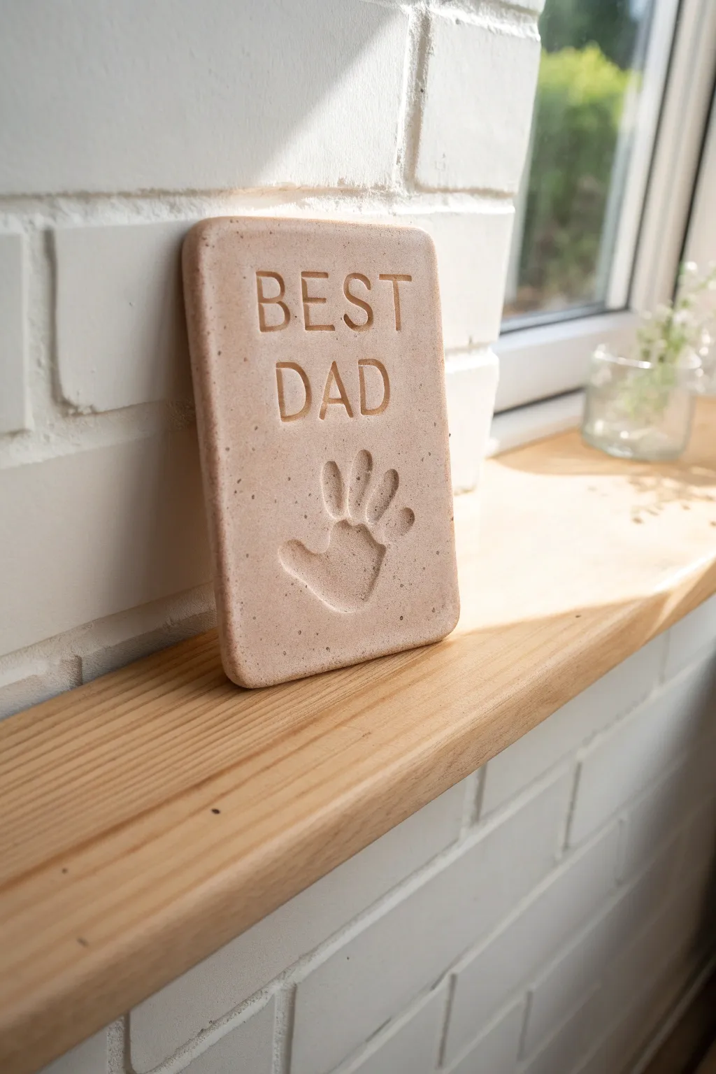 Minimal clay handprint plaque with Best Dad and date, a heartfelt Fathers Day keepsake for any home.