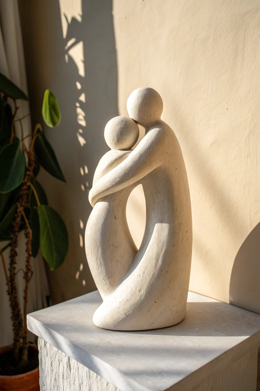 Two abstract figures becoming one—minimal, handcrafted clay embrace with soft shadows.