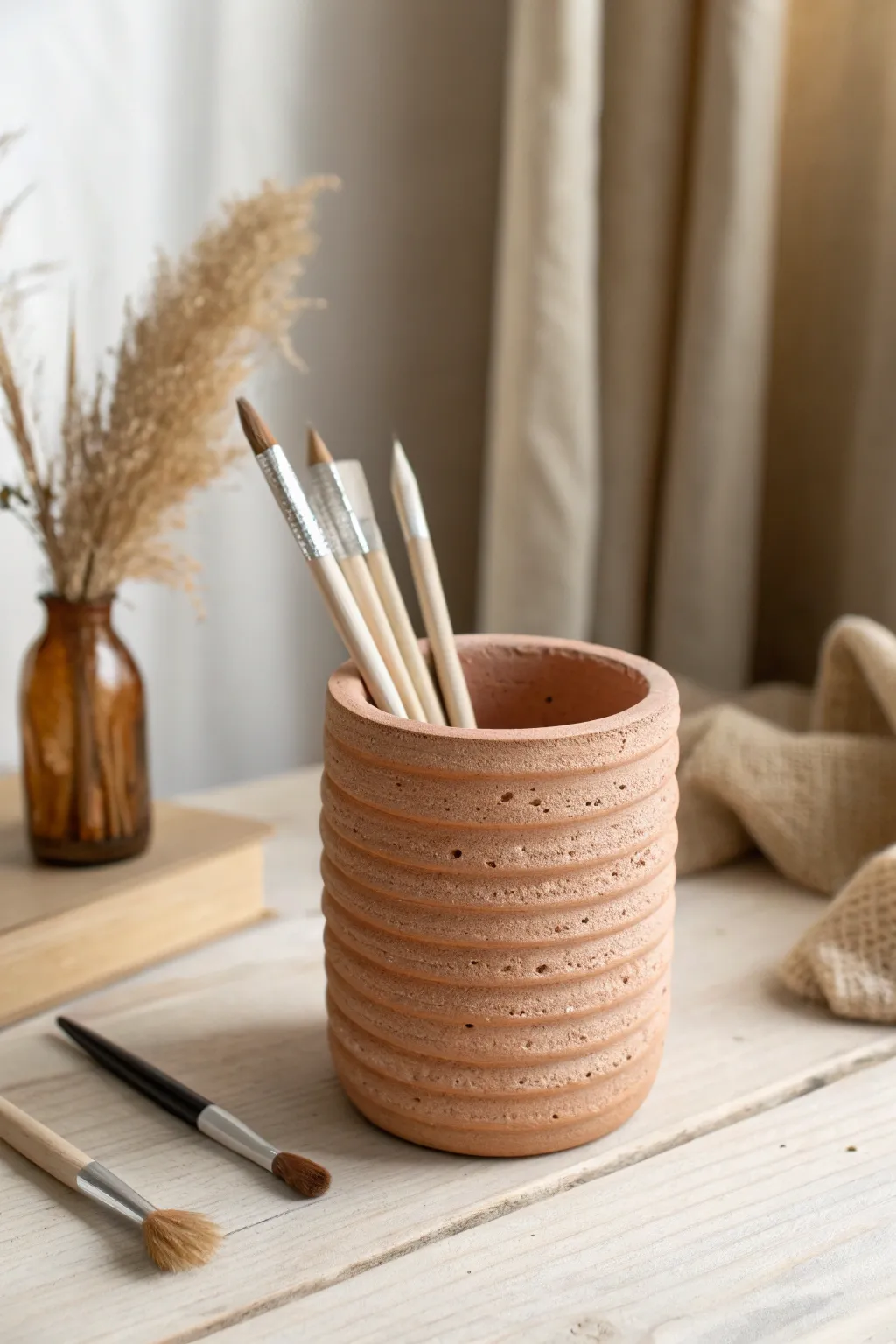 Mini coil pencil cup for beginners, simple and handmade with cozy coil texture for a calm desk.