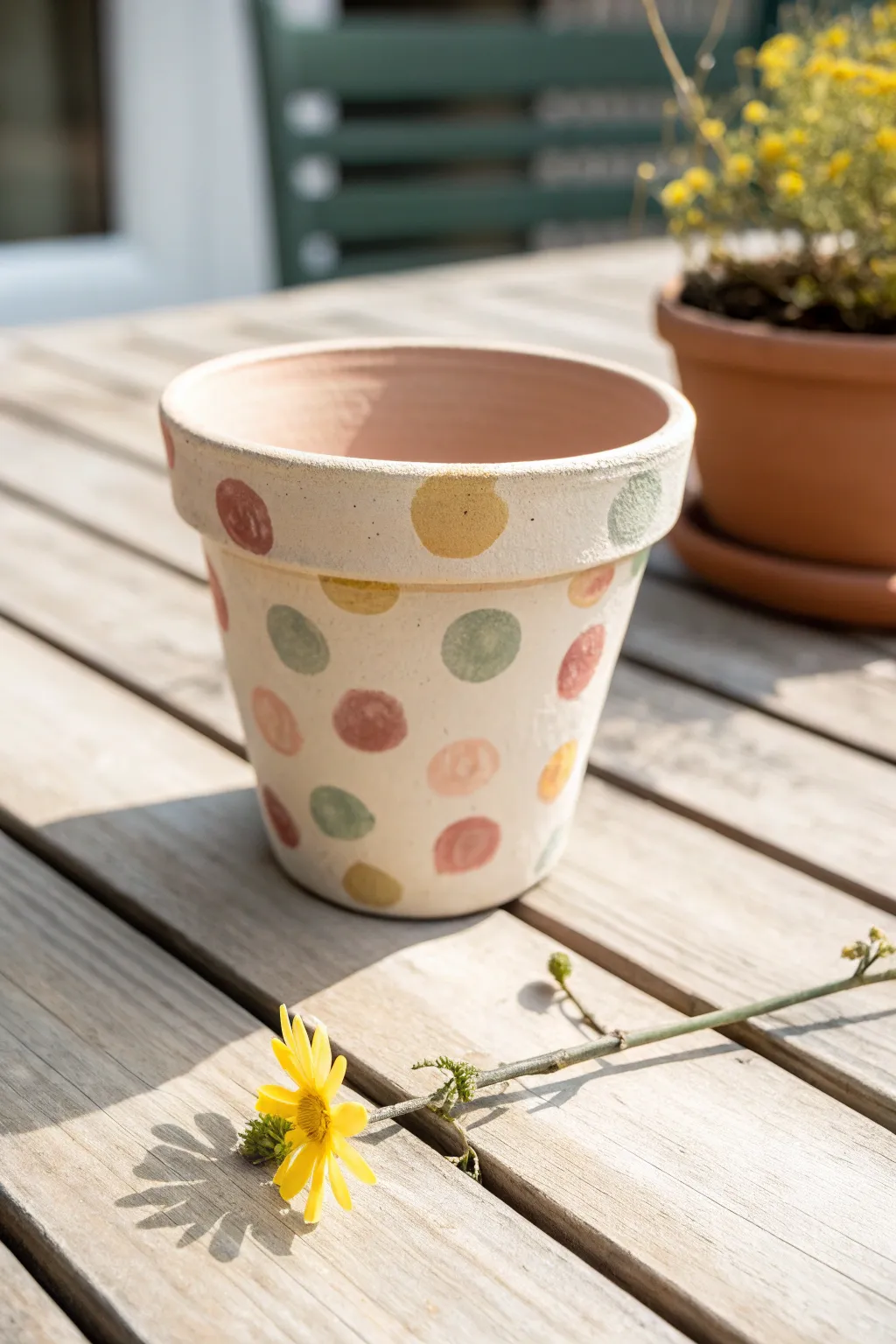 Cheerful polka dot clay pot on a light patio table, simple, sunny, and easy to recreate