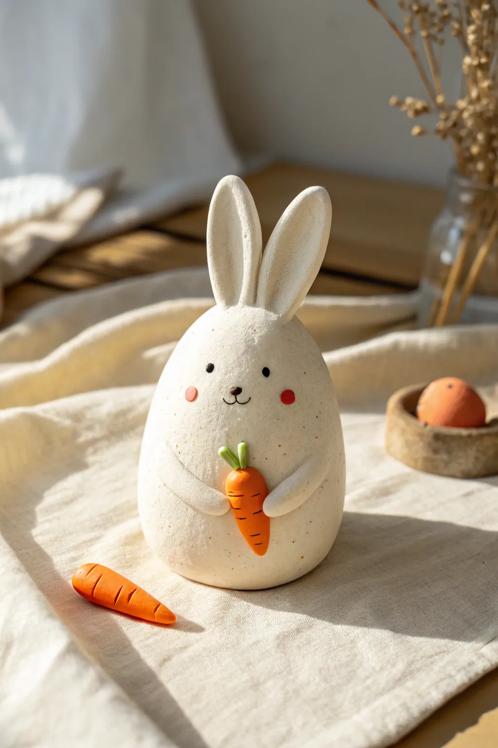 A chubby white clay bunny holding a tiny carrot, the cutest easy air dry clay desk buddy.