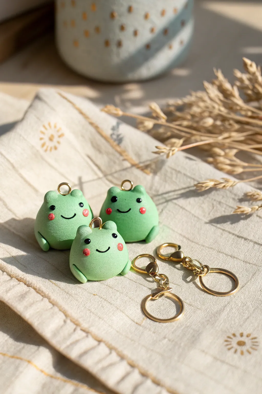 Mint green frog pocket buddy charms, a tiny smiling frog family in minimalist boho style