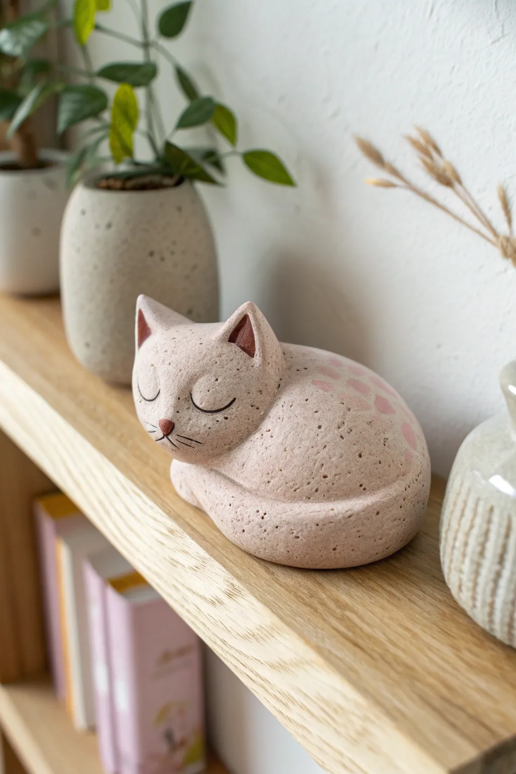 Soft pastel sleepy cat clay figurine on a minimalist shelf, cozy Scandinavian boho vibe.