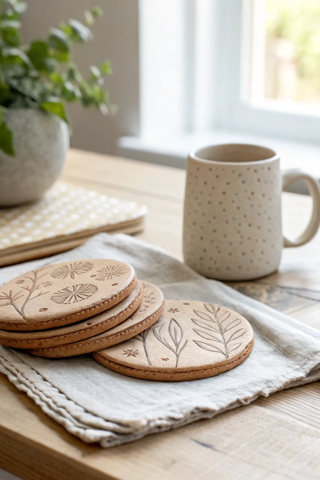 Stamp-textured clay coaster set with soft handmade edges, styled for a cozy minimal coffee moment