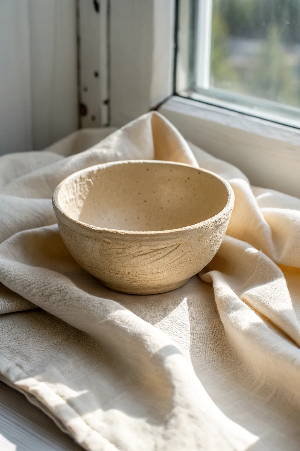 Simple air dry clay pinch pot bowl with cozy handmade edges on soft linen in warm neutrals