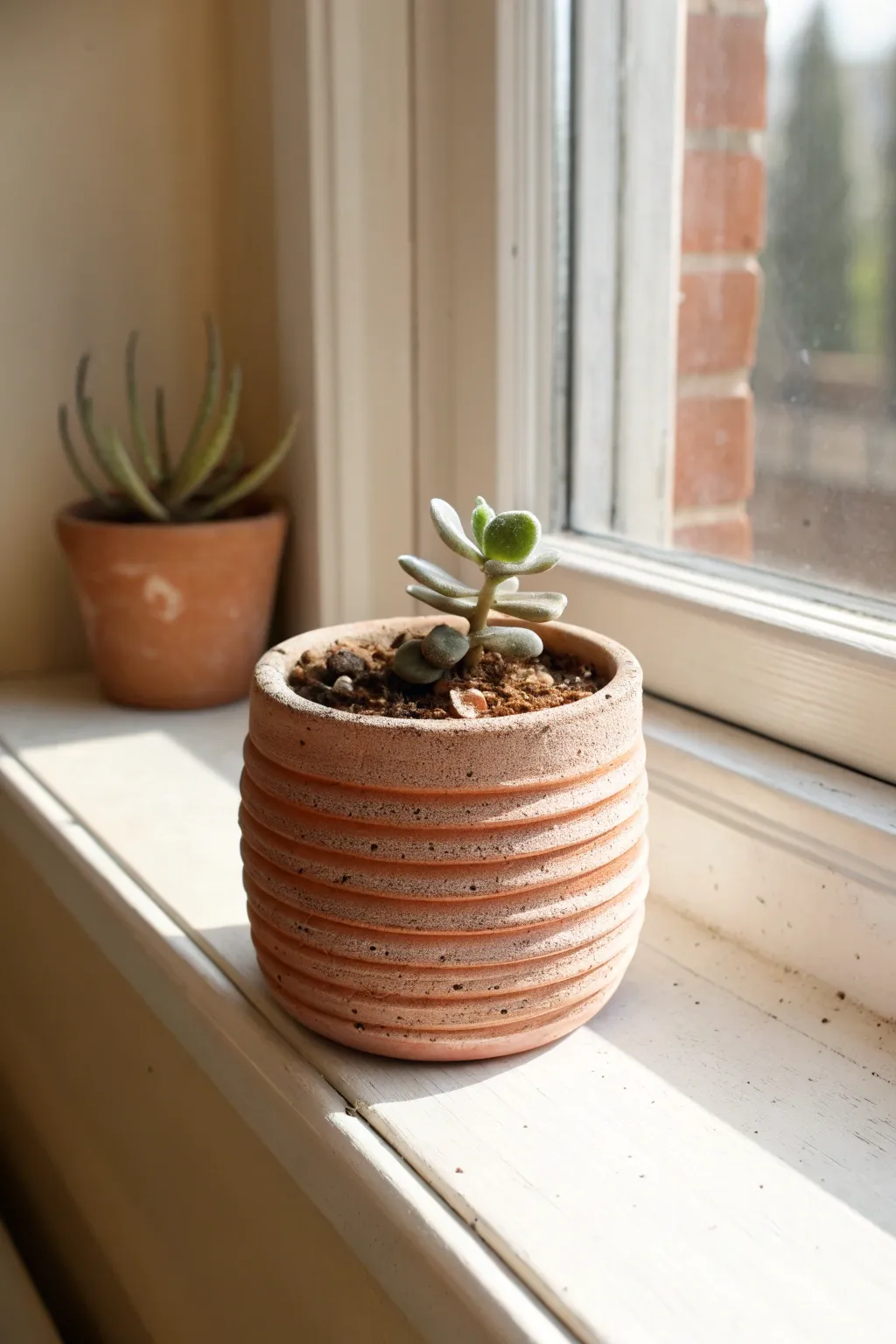 Coil-built mini clay planter with a tiny succulent, matte earthy finish, soft window light.