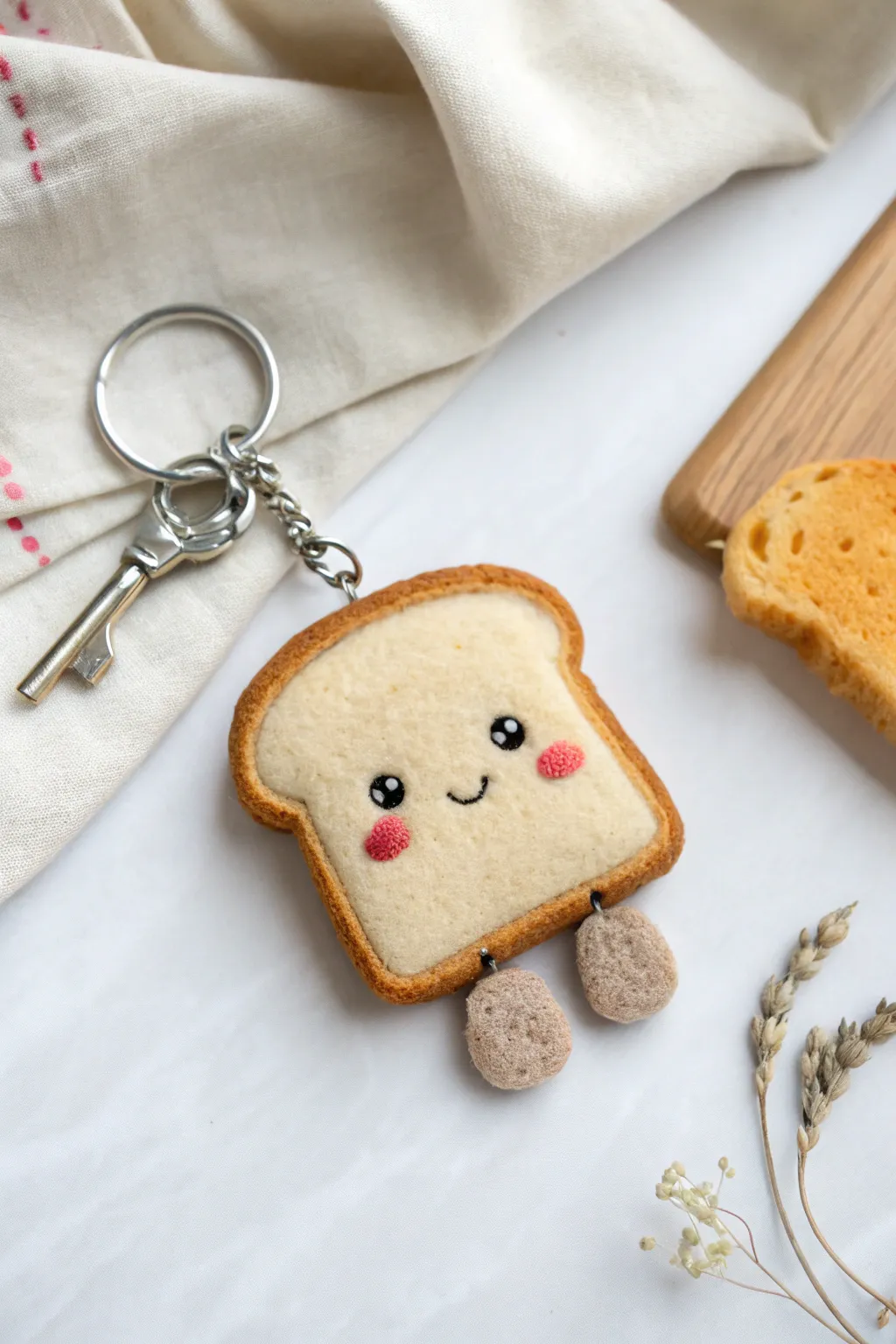 Adorable toast slice bag charm with sweet face and dangly legs in a minimalist boho style