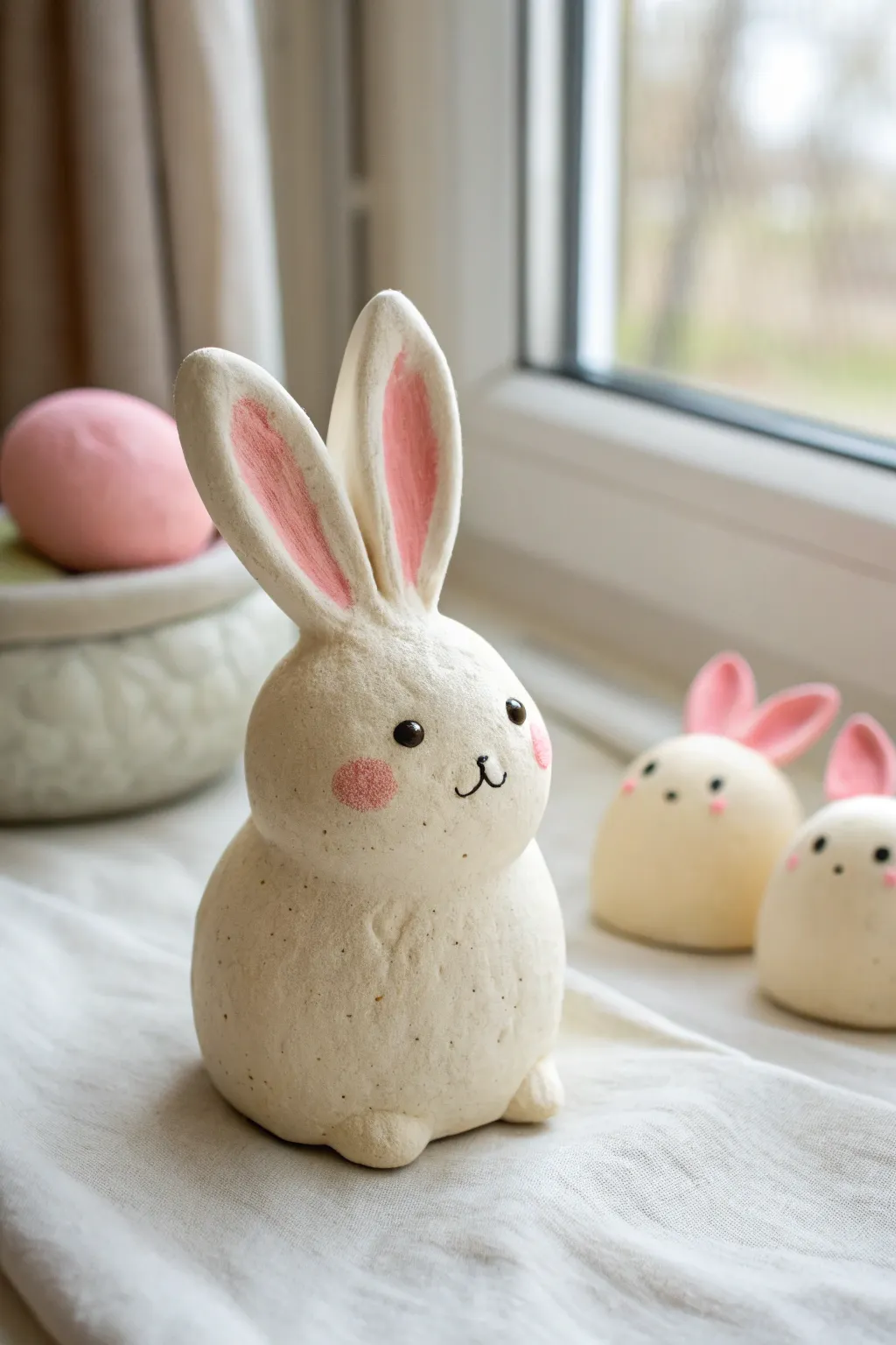 Chubby bunny air-dry clay charms with tiny faces in soft pink and cream, sweet and simple.